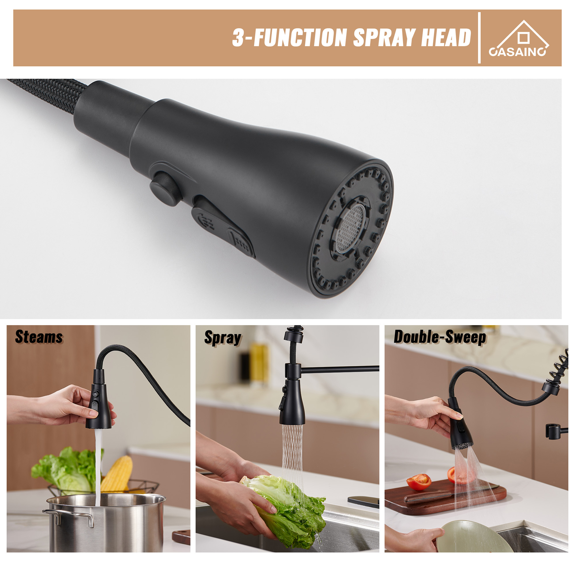  Pull-Down Sprayer Kitchen Faucet with 360° Swivel, Three Functions for Effortless Cooking and Cleaning