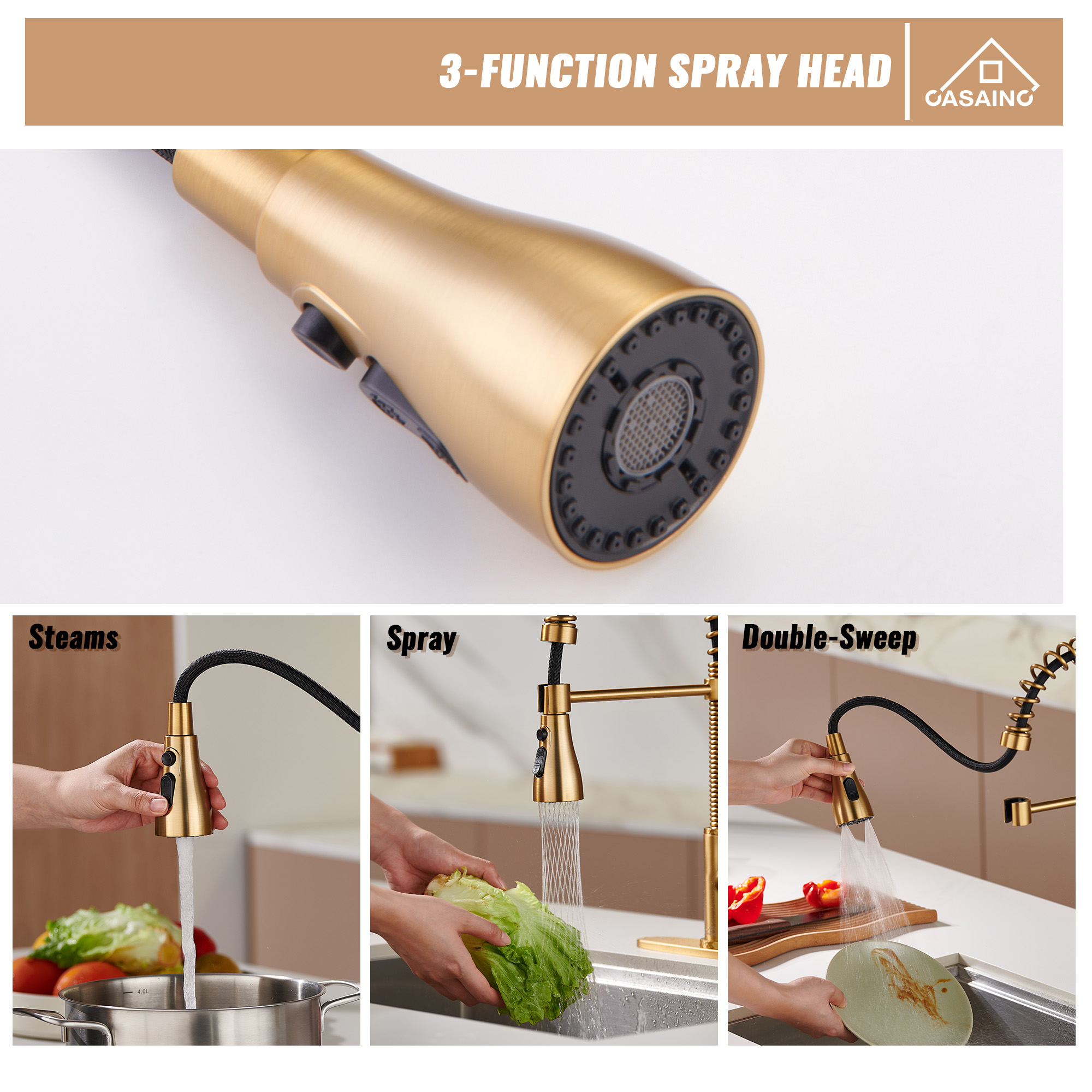  Pull-Down Sprayer Kitchen Faucet with 360° Swivel, Three Functions for Effortless Cooking and Cleaning