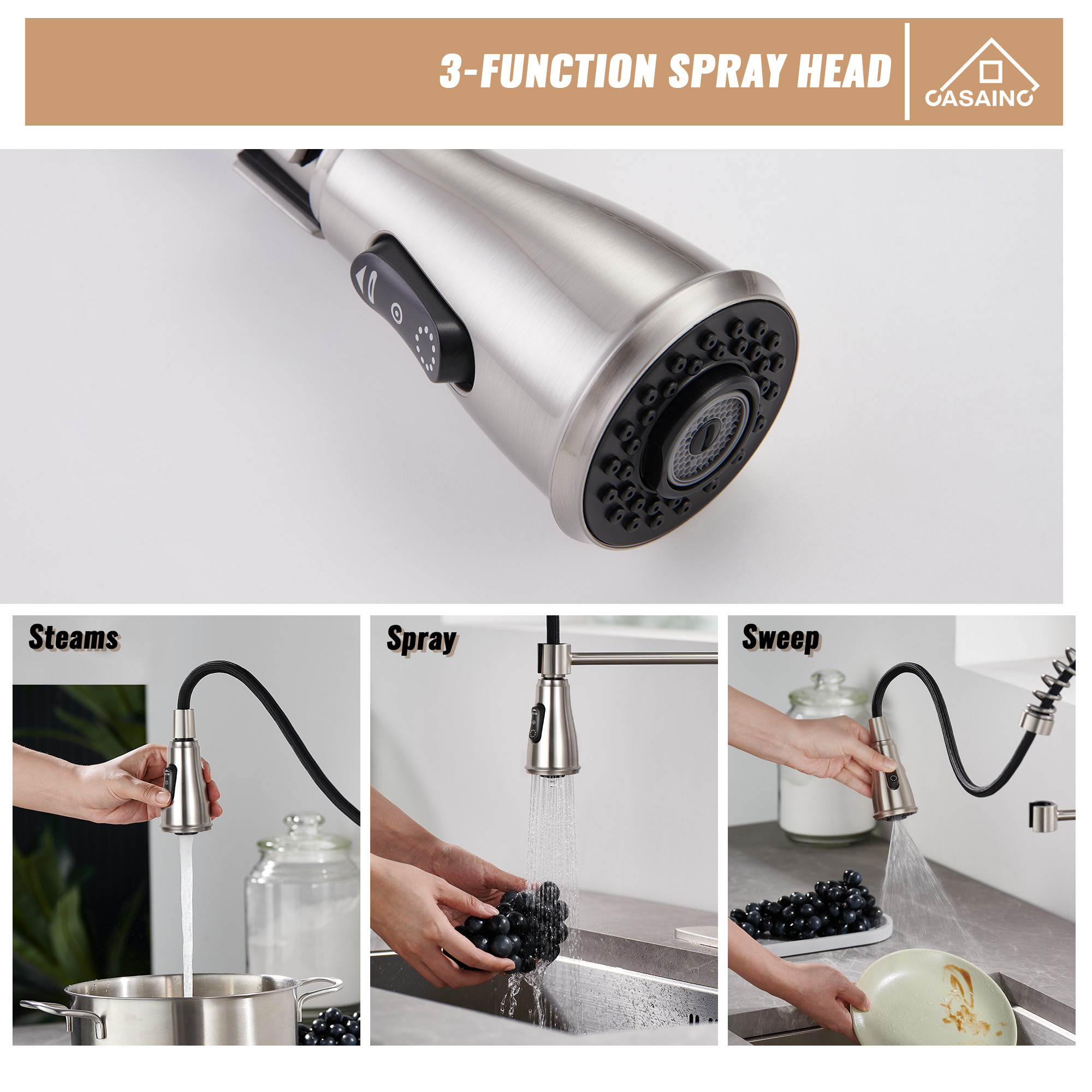 Pull-Down Sprayer Single Handle Kitchen Faucet 360° Swivel, Three Functions for Effortless Cooking and Cleaning