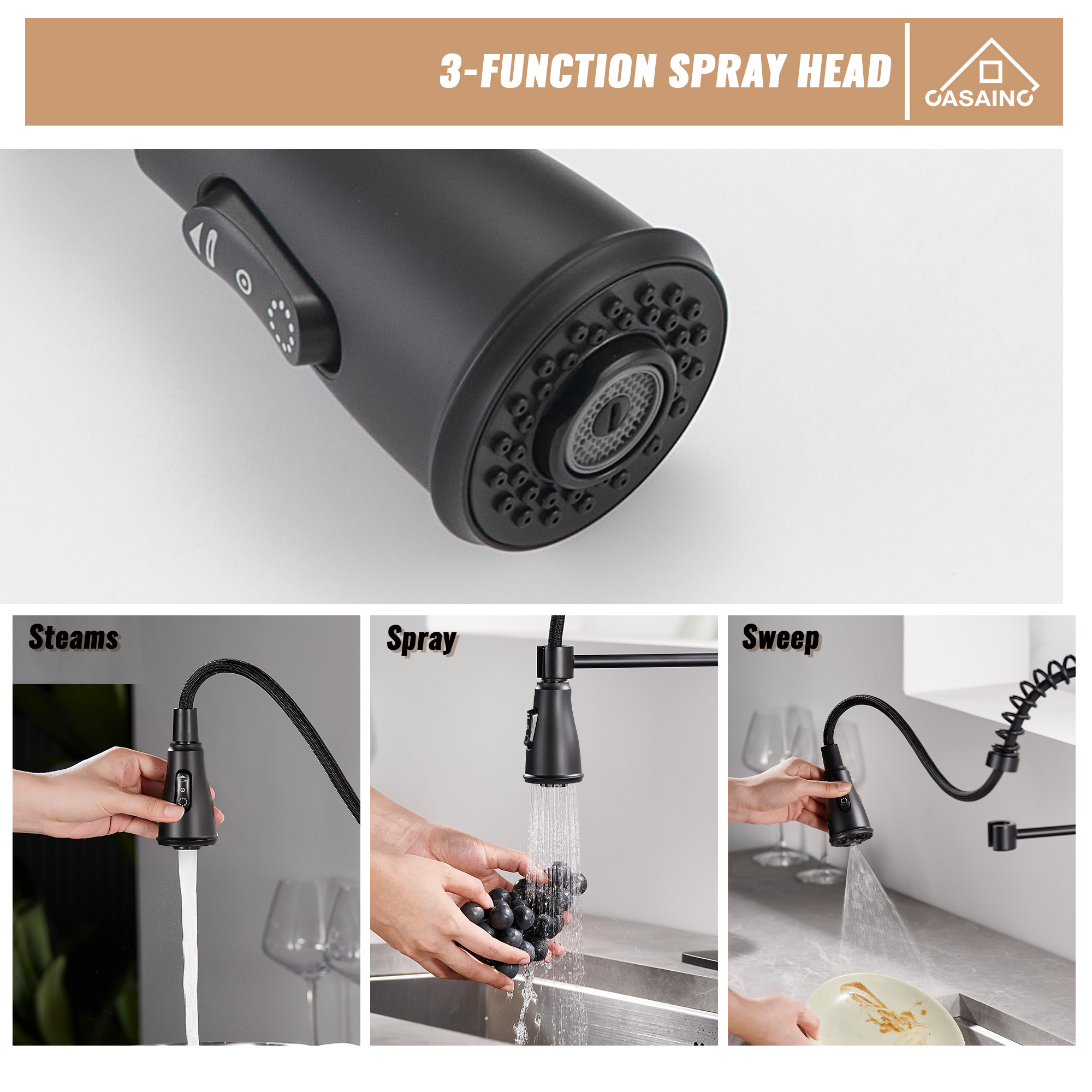 Pull-Down Sprayer Single Handle Kitchen Faucet 360° Swivel, Three Functions for Effortless Cooking and Cleaning