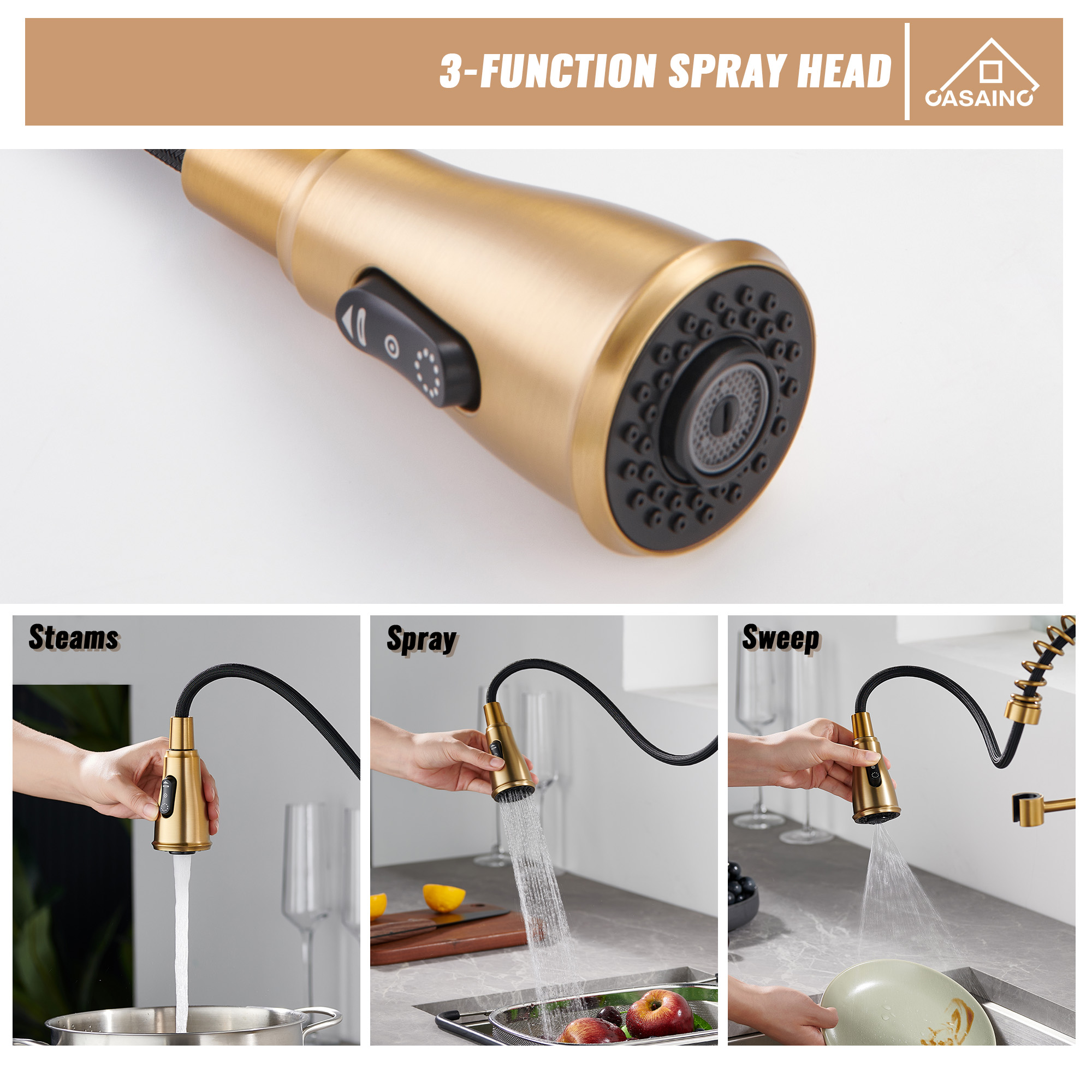 Pull-Down Sprayer Single Handle Kitchen Faucet 360° Swivel, Three Functions for Effortless Cooking and Cleaning