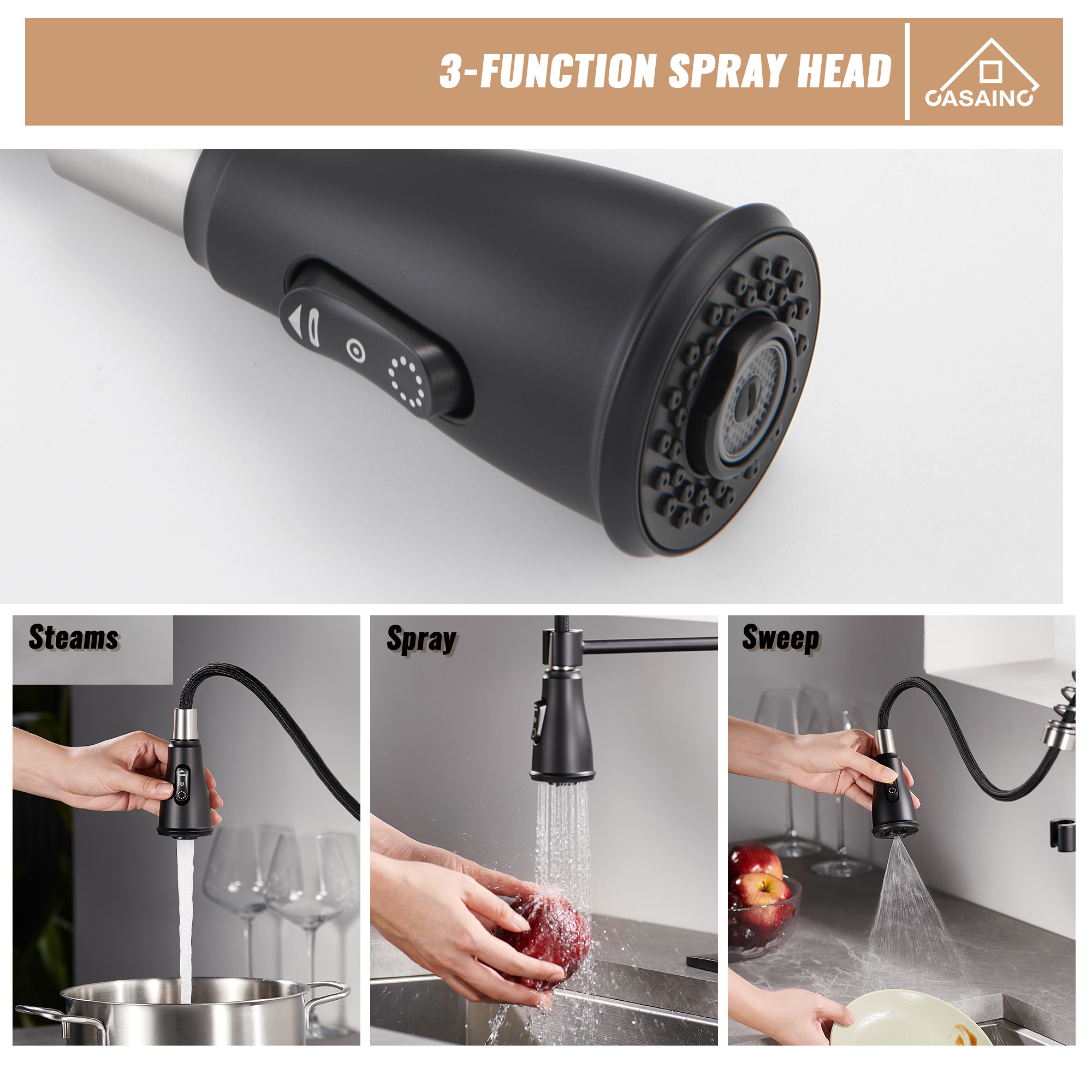 Pull-Down Sprayer Single Handle Kitchen Faucet 360° Swivel, Three Functions for Effortless Cooking and Cleaning