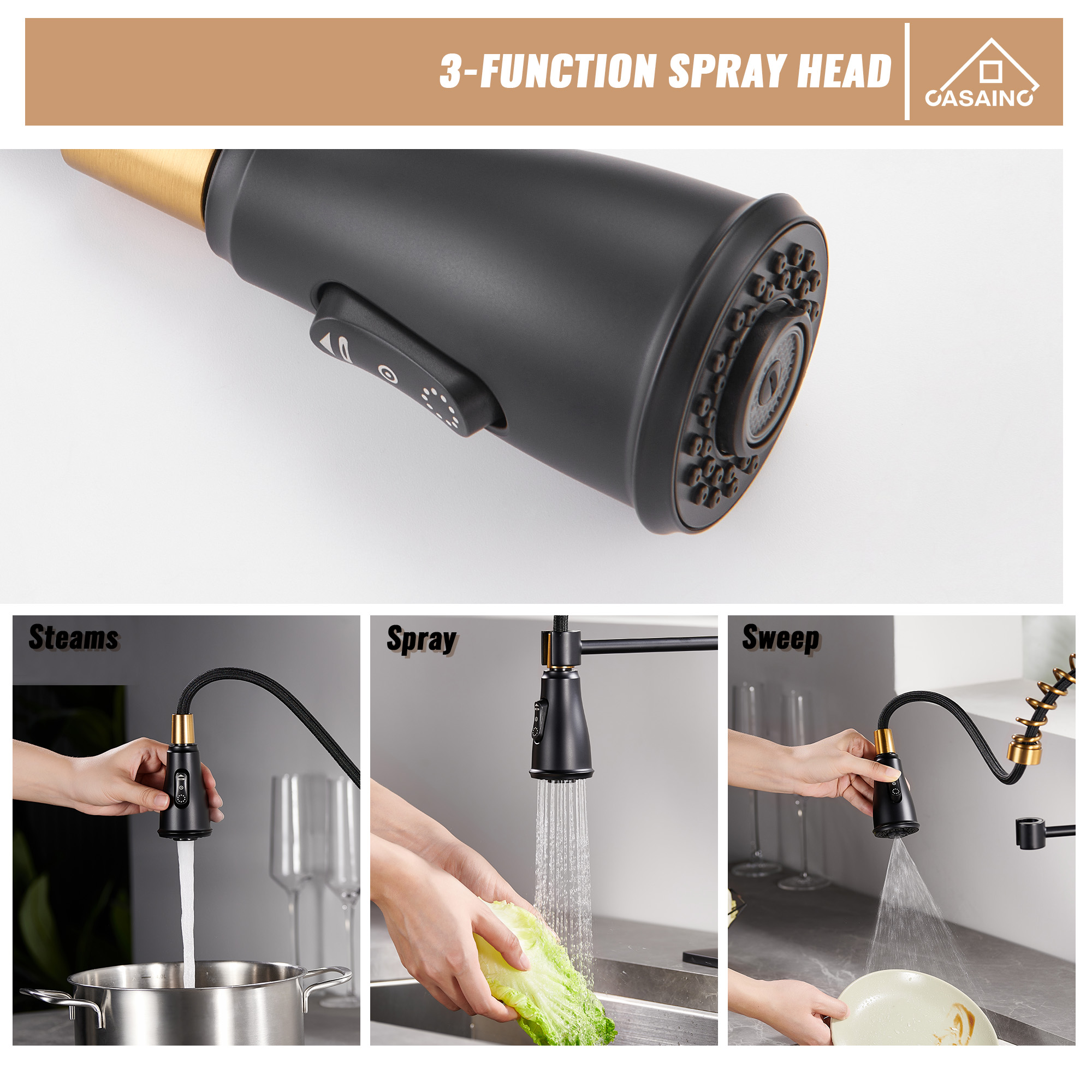 Pull-Down Sprayer Single Handle Kitchen Faucet 360° Swivel, Three Functions for Effortless Cooking and Cleaning