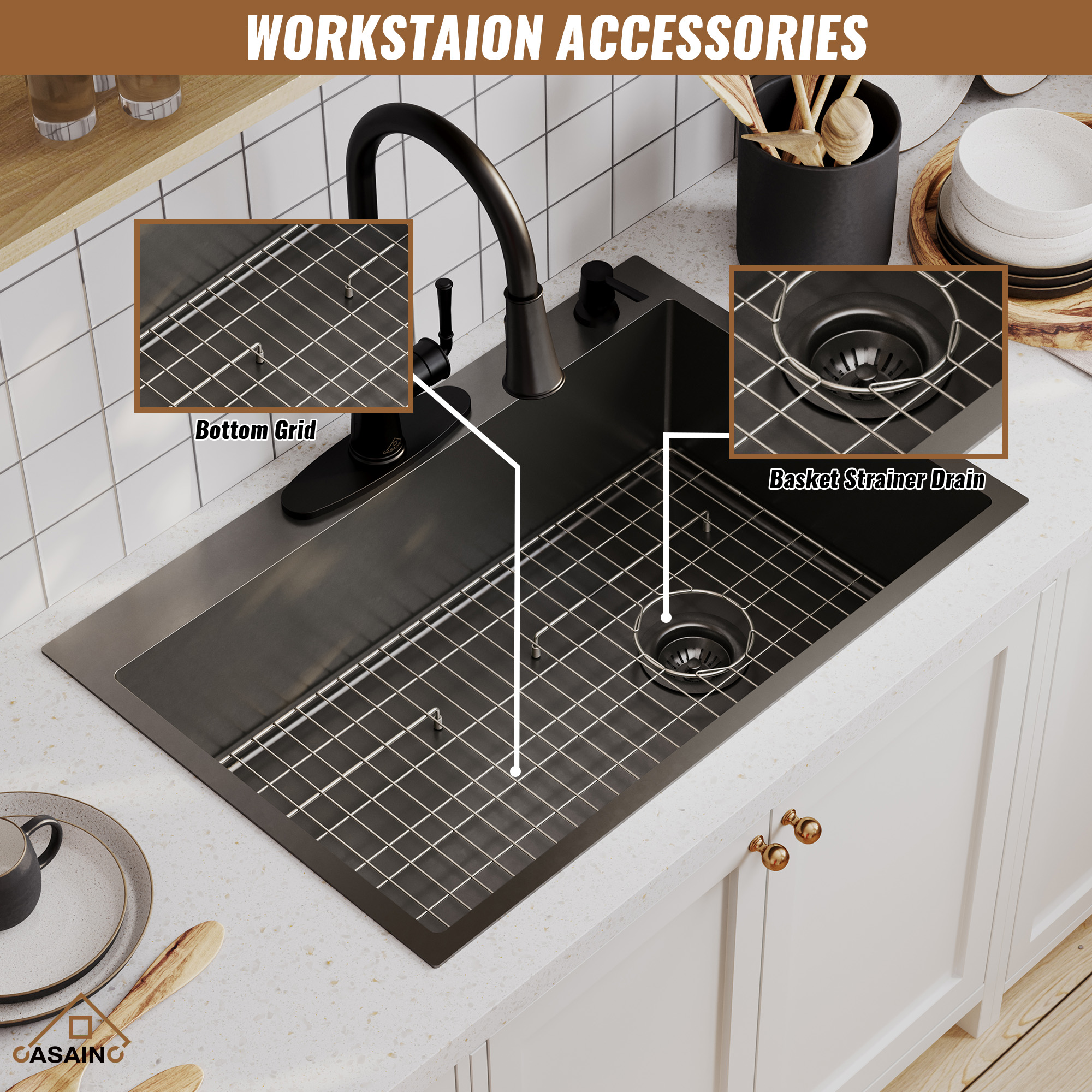 Drop-In Stainless Steel 33-inch 1-Hole Single Bowl Kitchen Sink in Nano PVD Gun Gray