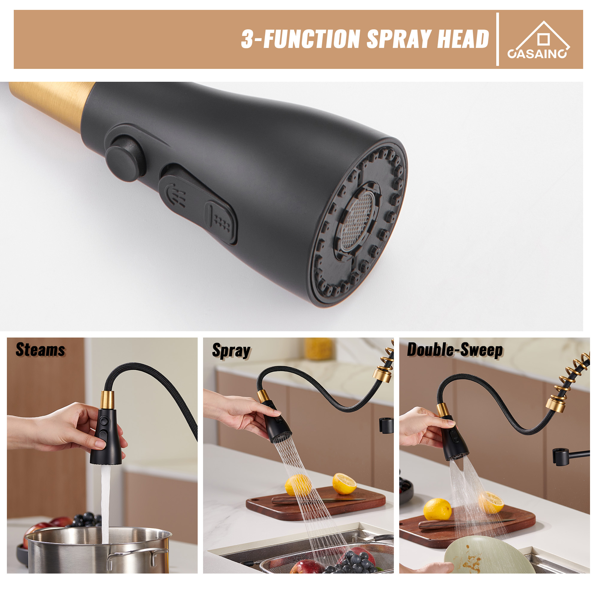  Pull-Down Sprayer Kitchen Faucet with 360° Swivel, Three Functions for Effortless Cooking and Cleaning