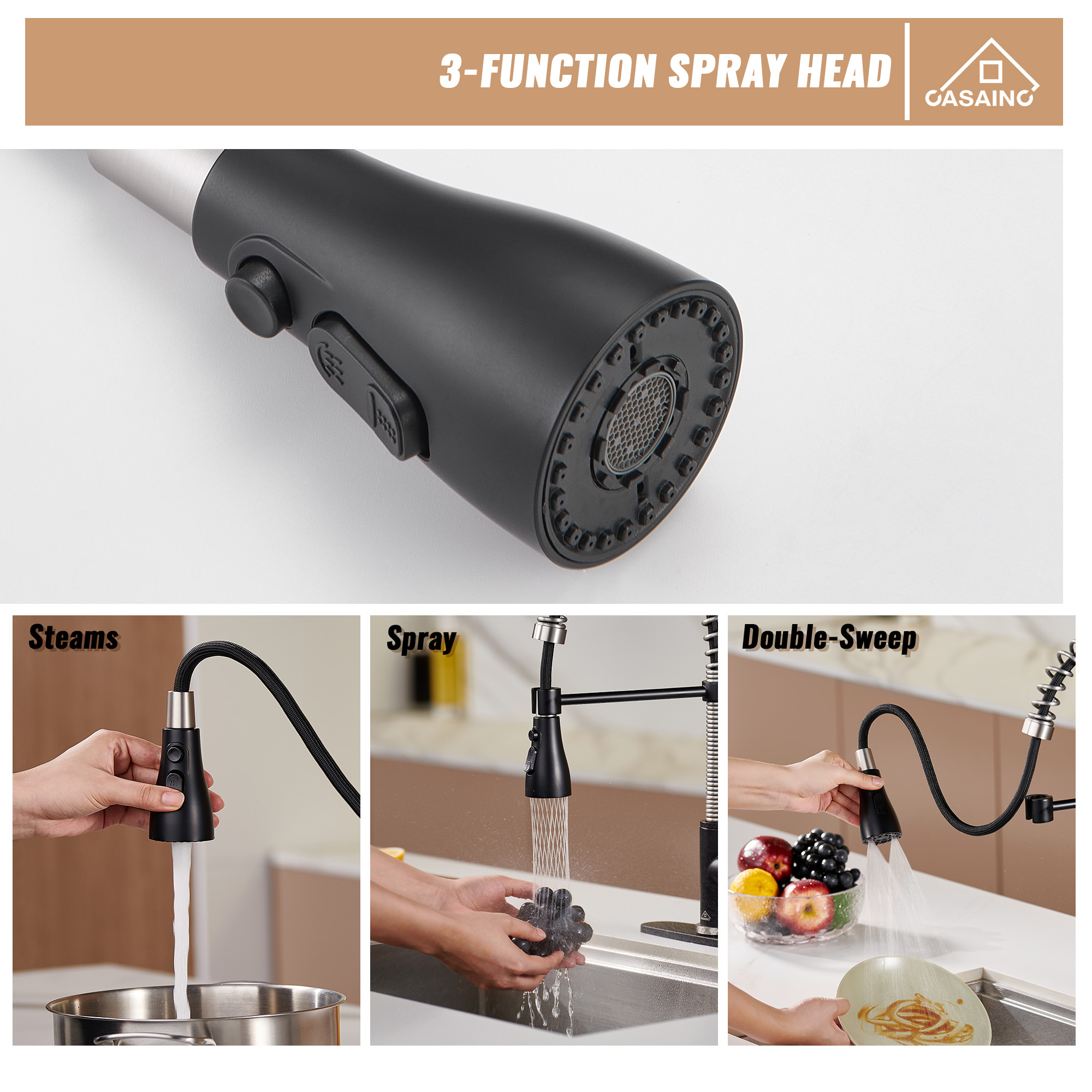  Pull-Down Sprayer Kitchen Faucet with 360° Swivel, Three Functions for Effortless Cooking and Cleaning