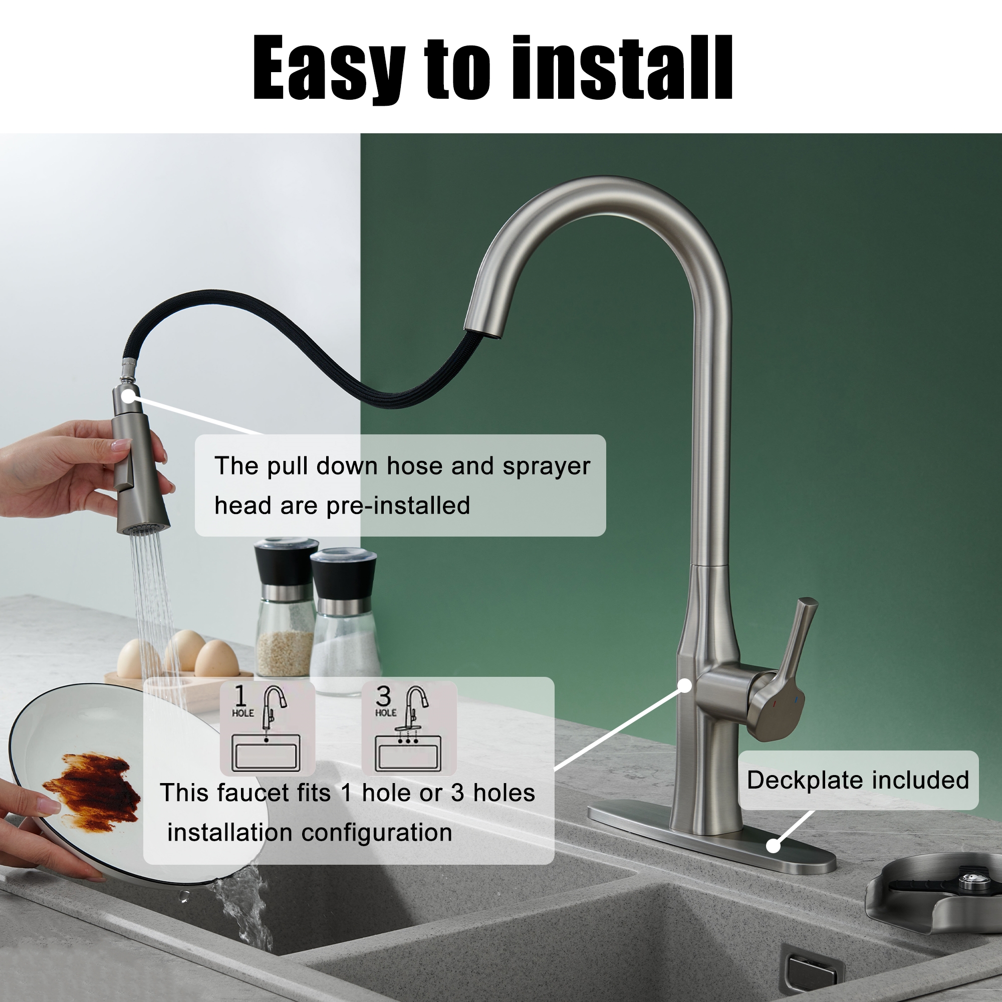 1.8GPM Single Handle Pull Down Kitchen Faucet with Cup Washer