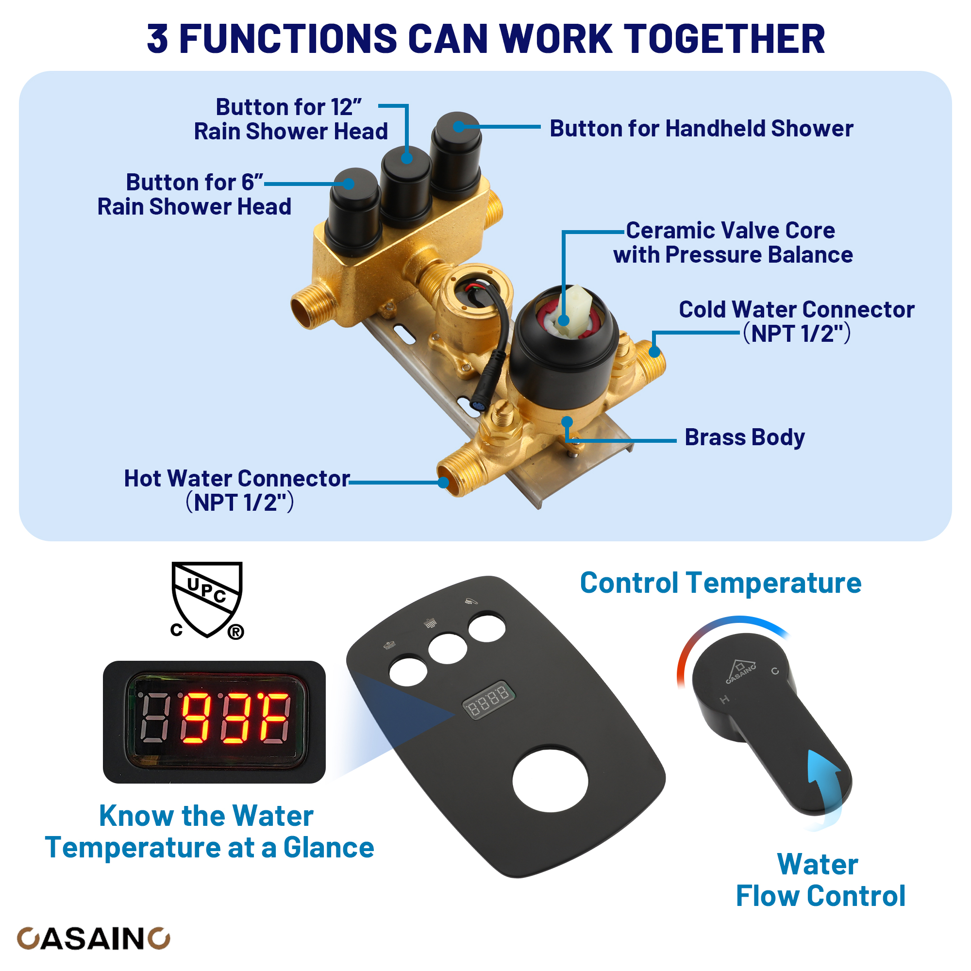 12-inch Ceiling-Mounted Dual Shower System with Slide Bar & Digital Display