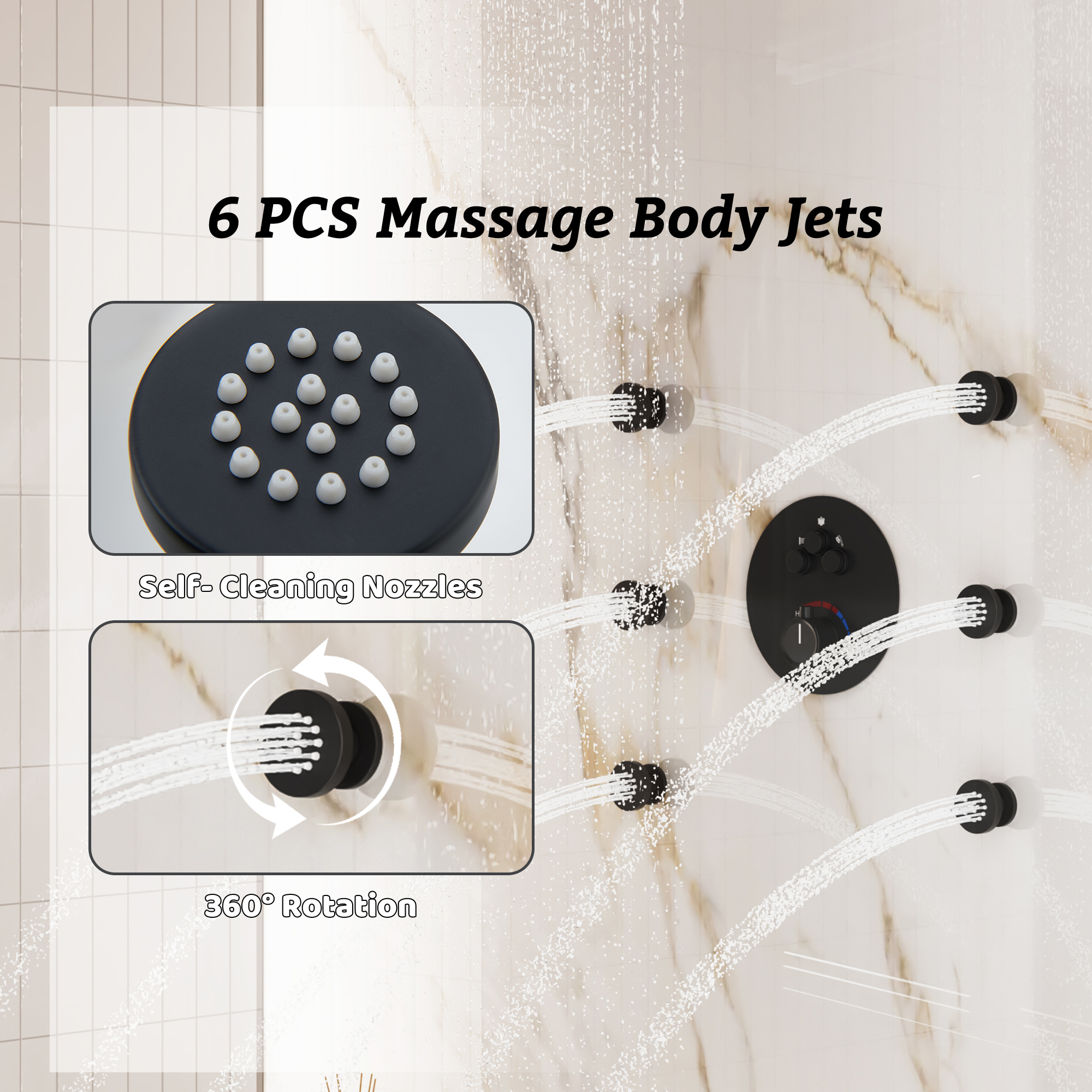 12" Round Rainfall Shower System with 6 Adjustable Body Jets