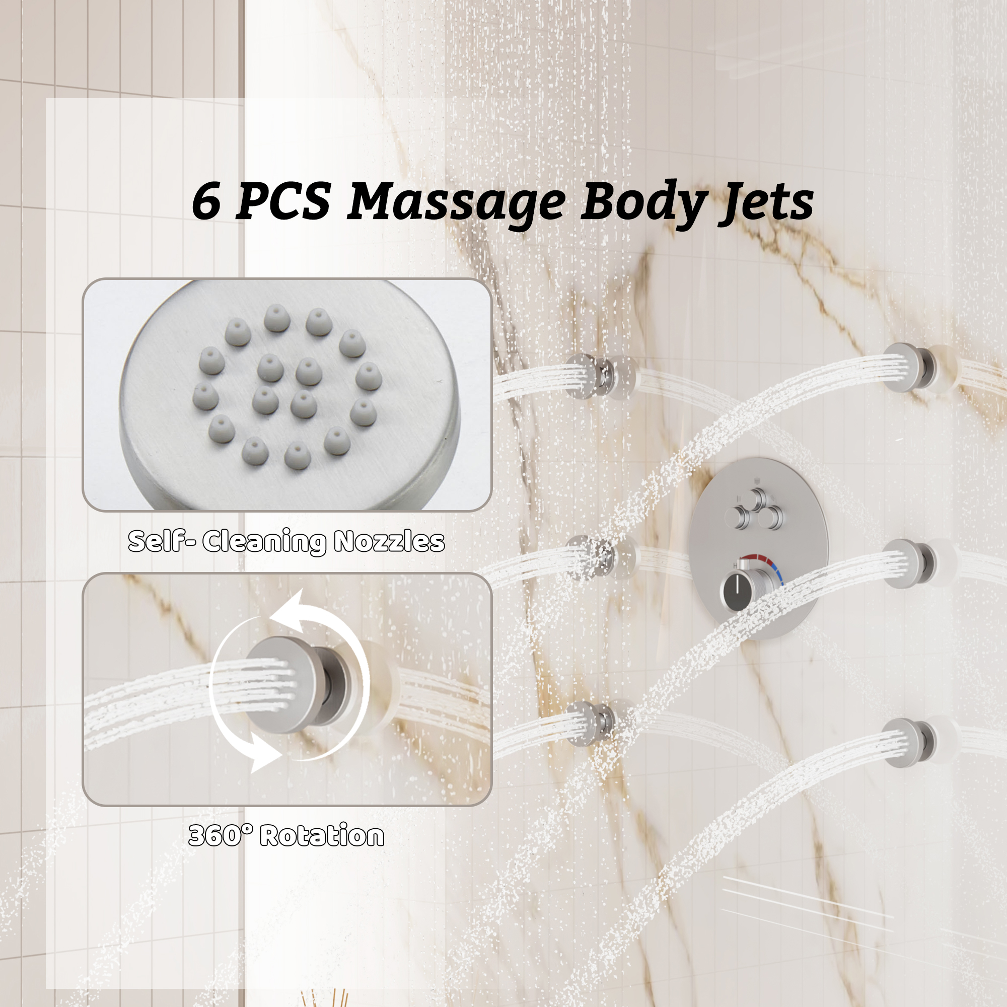 12" Round Rainfall Shower System with 6 Adjustable Body Jets