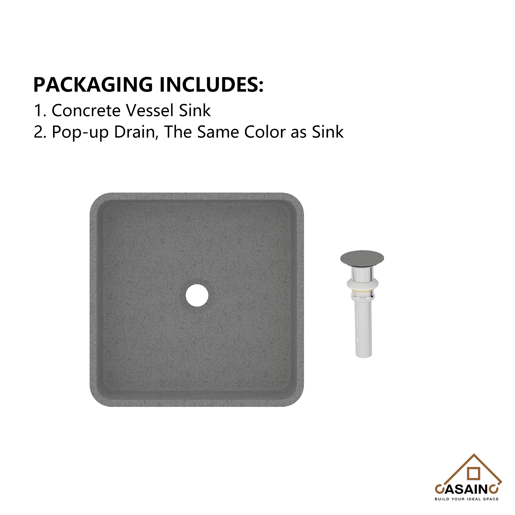 15in Bathroom Concrete Square Vessel Sink with Drainer in Mottled Bluish Grey / Cold Concrete Grey / Taupe Clay