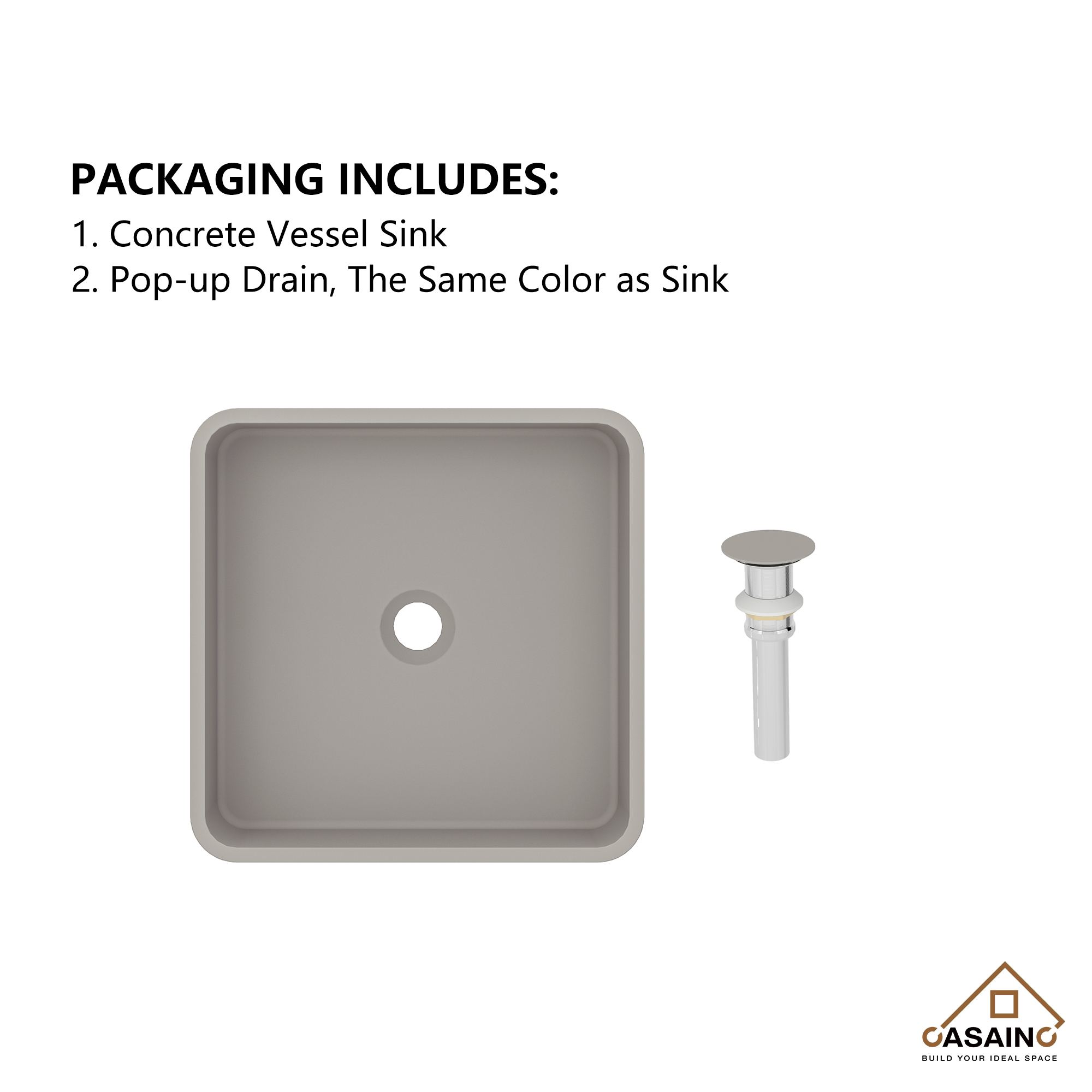 15in Bathroom Concrete Square Vessel Sink with Drainer in Mottled Bluish Grey / Cold Concrete Grey / Taupe Clay