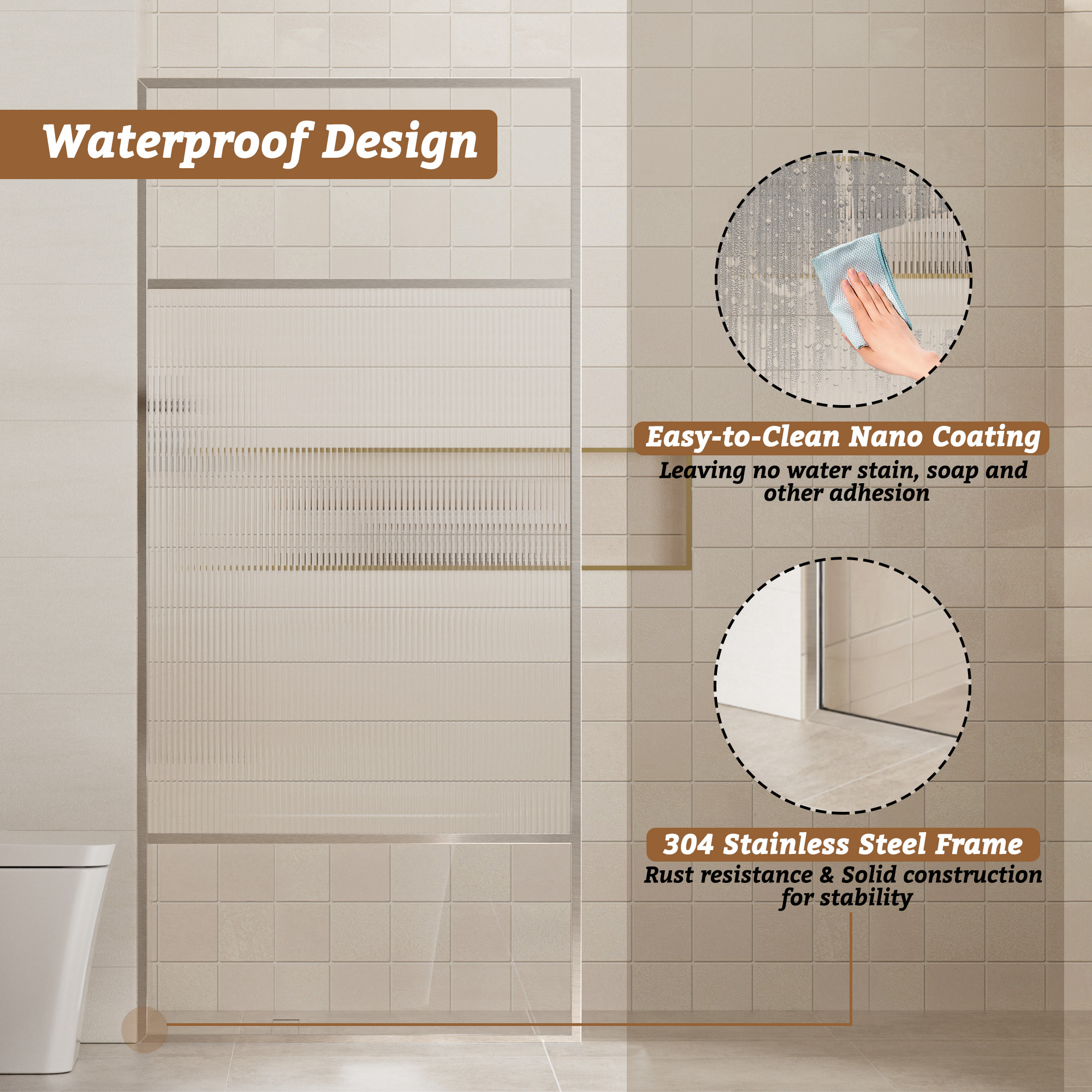 34"x74" Glass Shower Spliced Screen Panel with 304 Stainless Steel Hardware