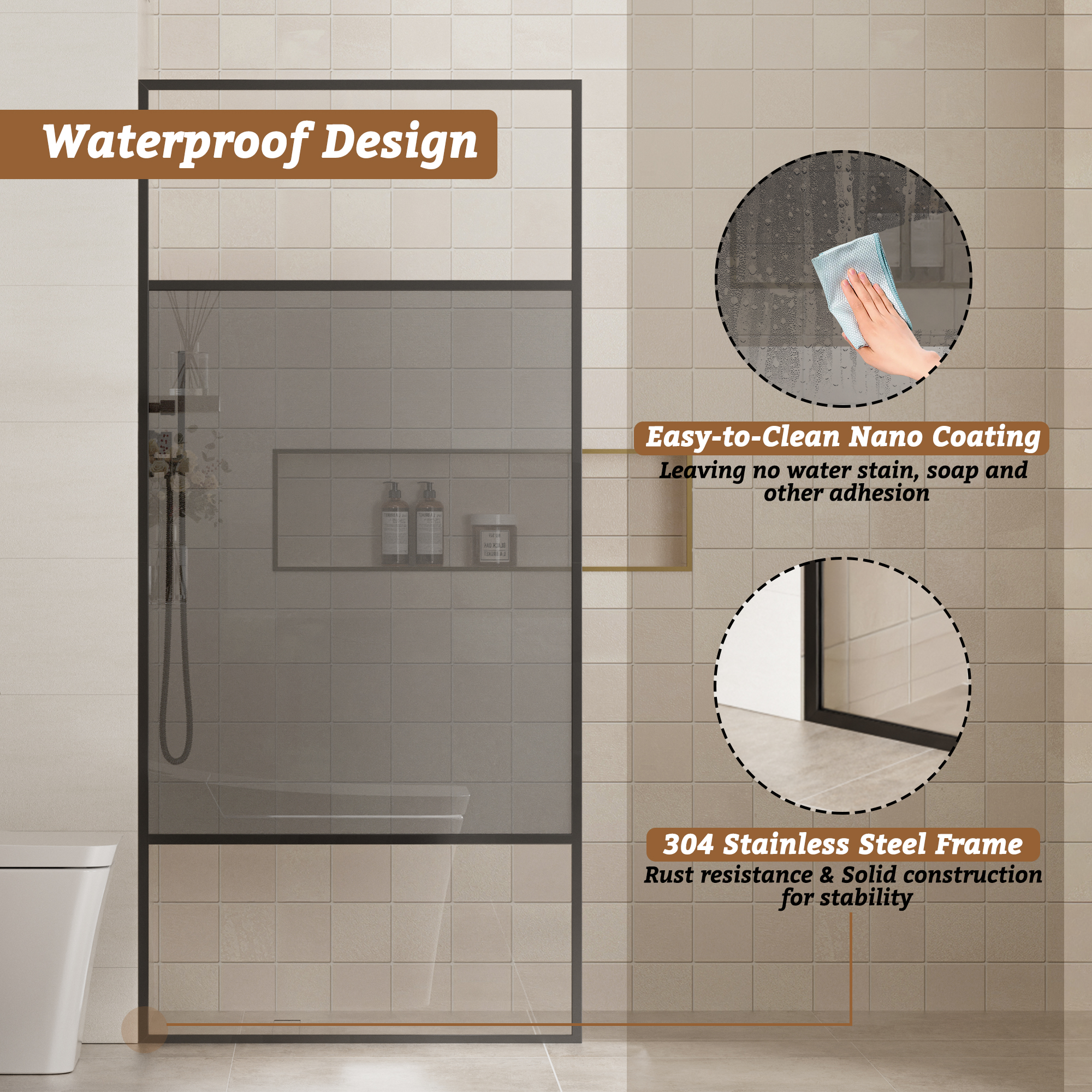 34"x74" Glass Shower Spliced Screen Panel with 304 Stainless Steel Hardware