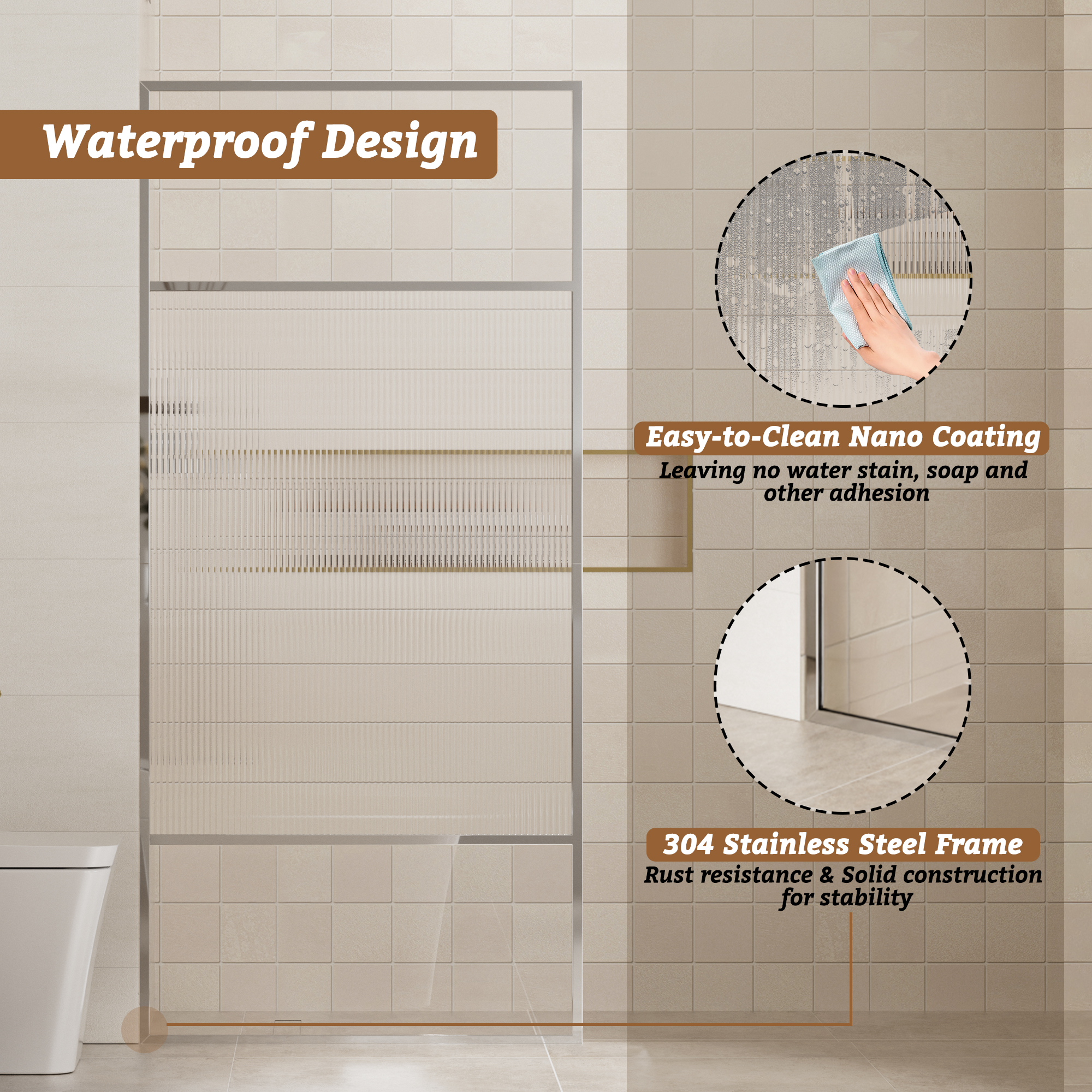 34"x74" Glass Shower Spliced Screen Panel with 304 Stainless Steel Hardware