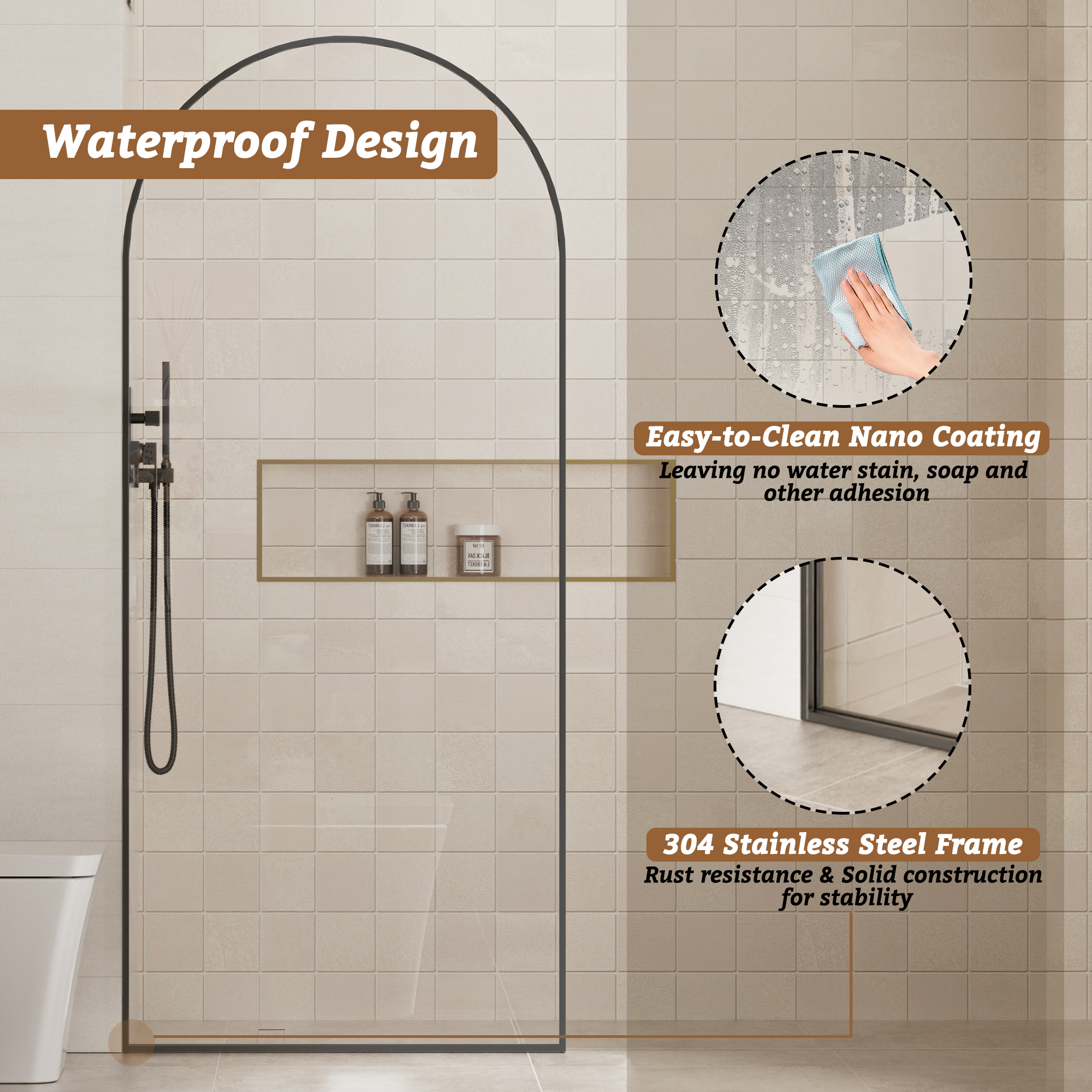 34"x78" Tempered Glass Shower Screen with Integrated Curved Frame