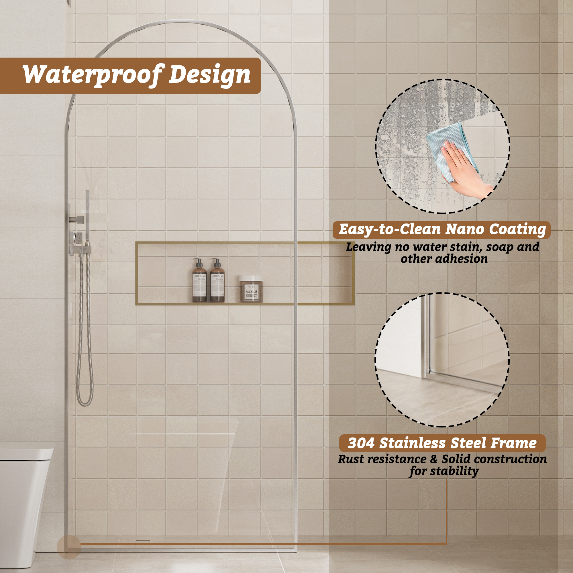 34"x78" Tempered Glass Shower Screen with Integrated Curved Frame