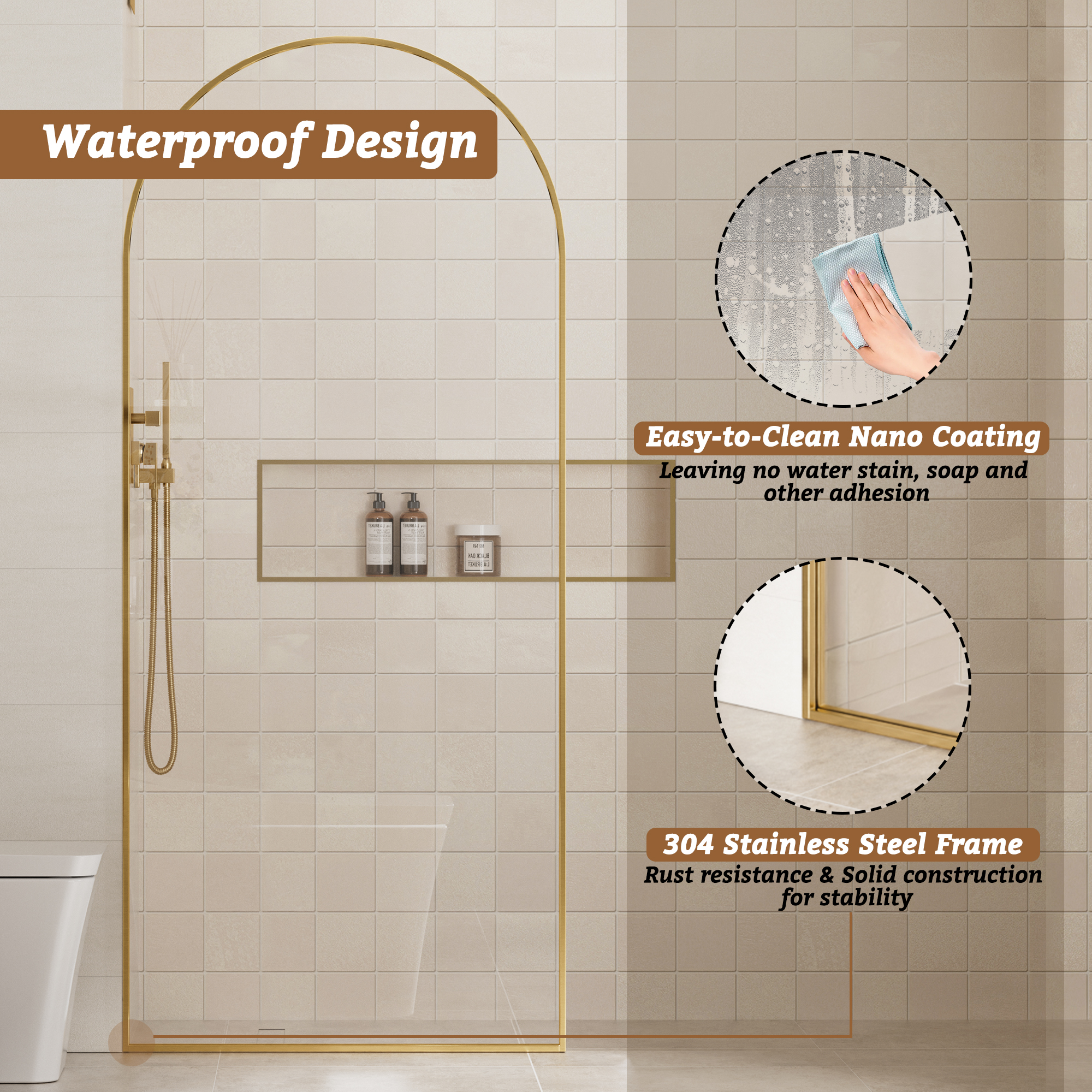 34"x78" Tempered Glass Shower Screen with Integrated Curved Frame