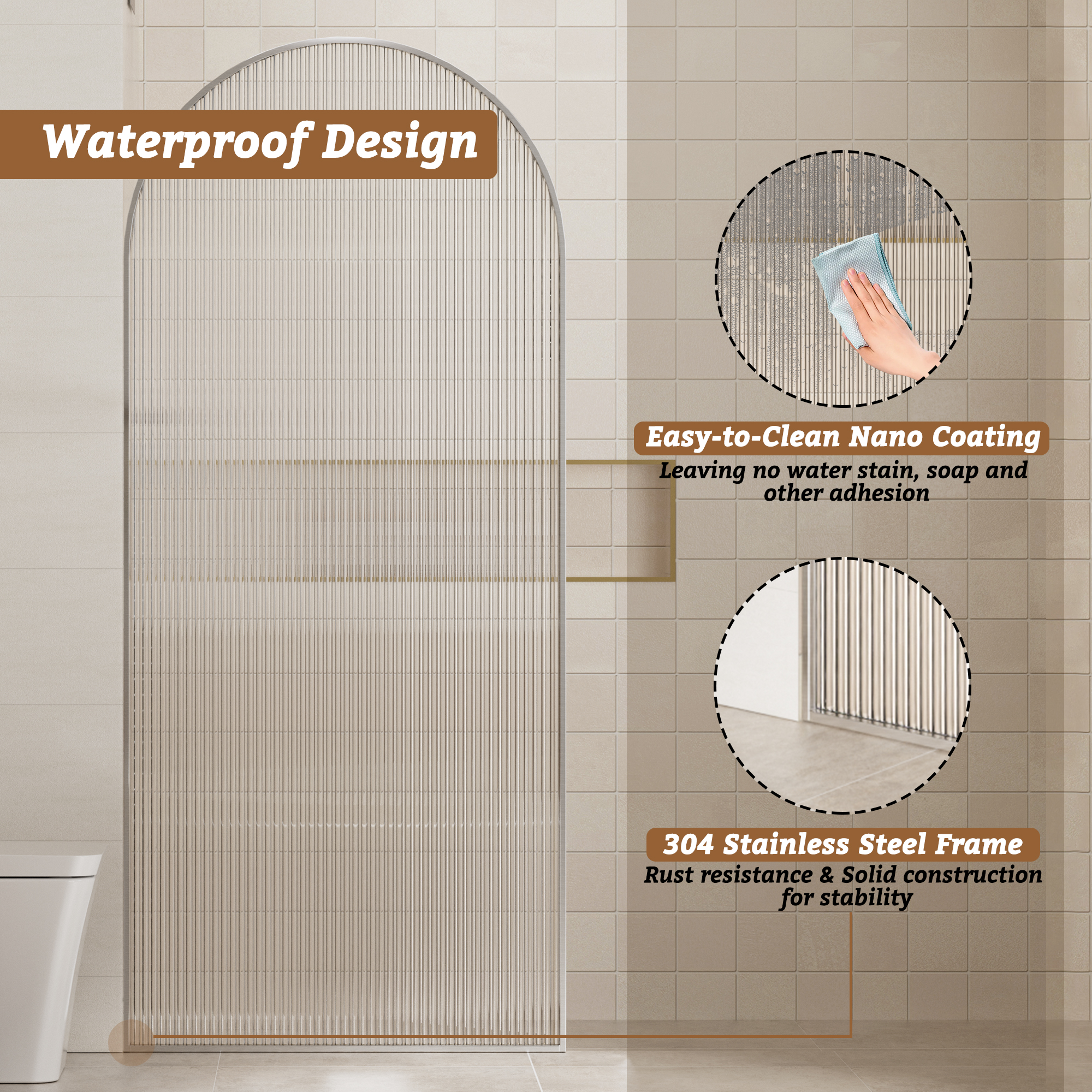 34"x78" Curved Frosted Glass Shower Screen with 10mm SGCC-Certified Tempered Glass