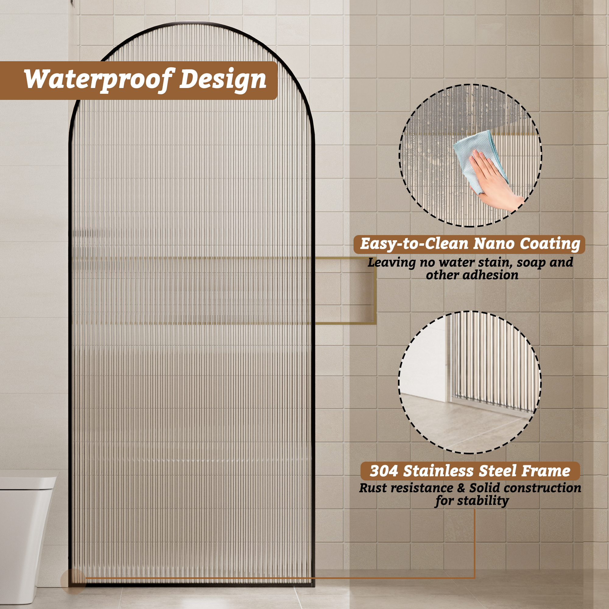 34"x78" Curved Frosted Glass Shower Screen with 10mm SGCC-Certified Tempered Glass