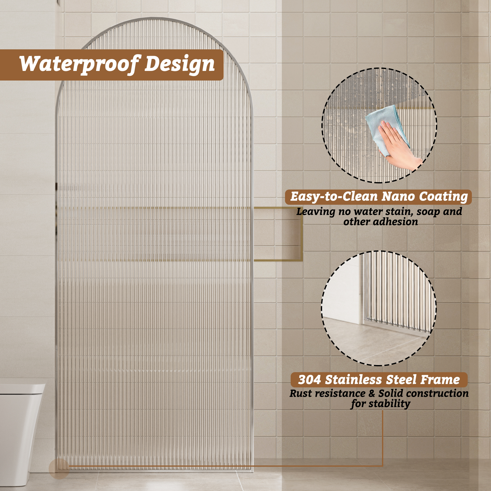 34"x78" Curved Frosted Glass Shower Screen with 10mm SGCC-Certified Tempered Glass