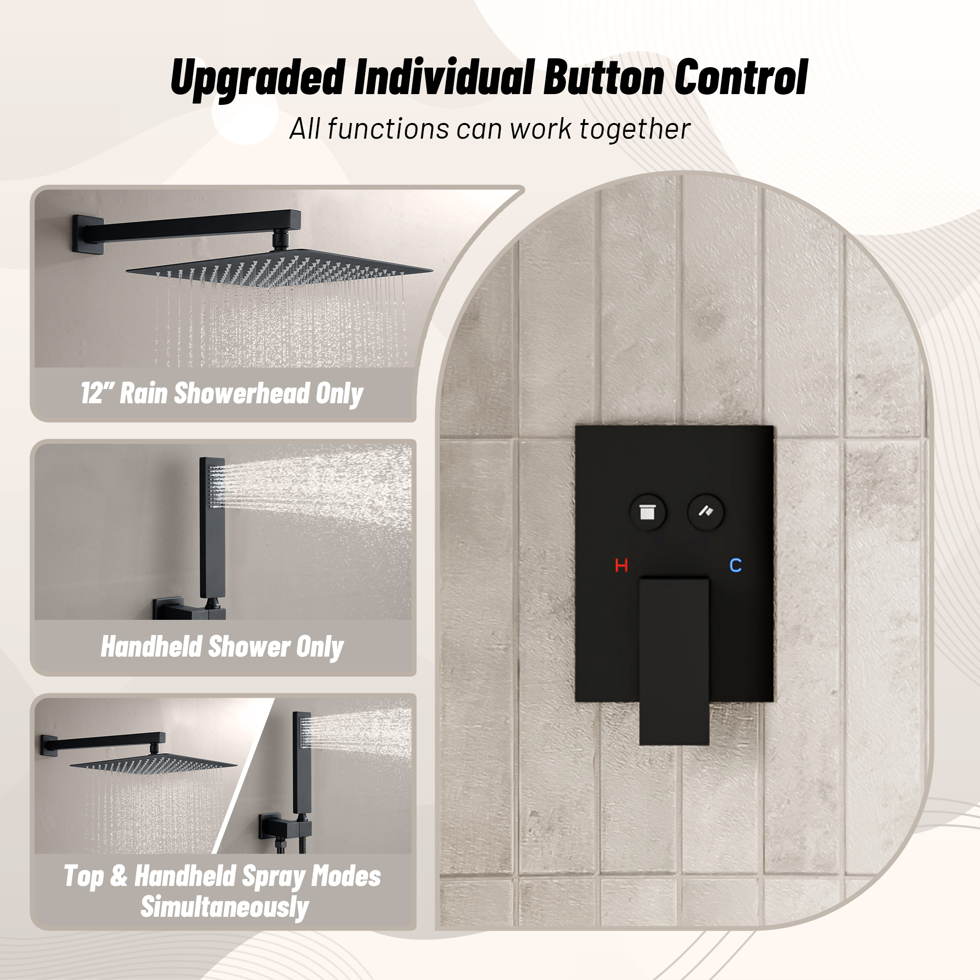 12-Inch Rainfall Shower System with Push Button Pressure Balanced Valve