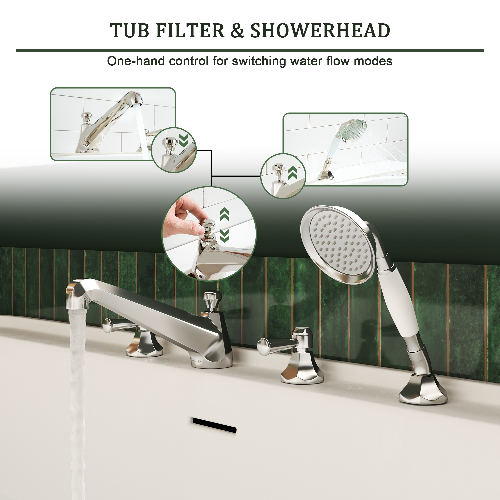 Polished Nickel Bathtub Faucet with Hand Shower Set - HEXAGON
