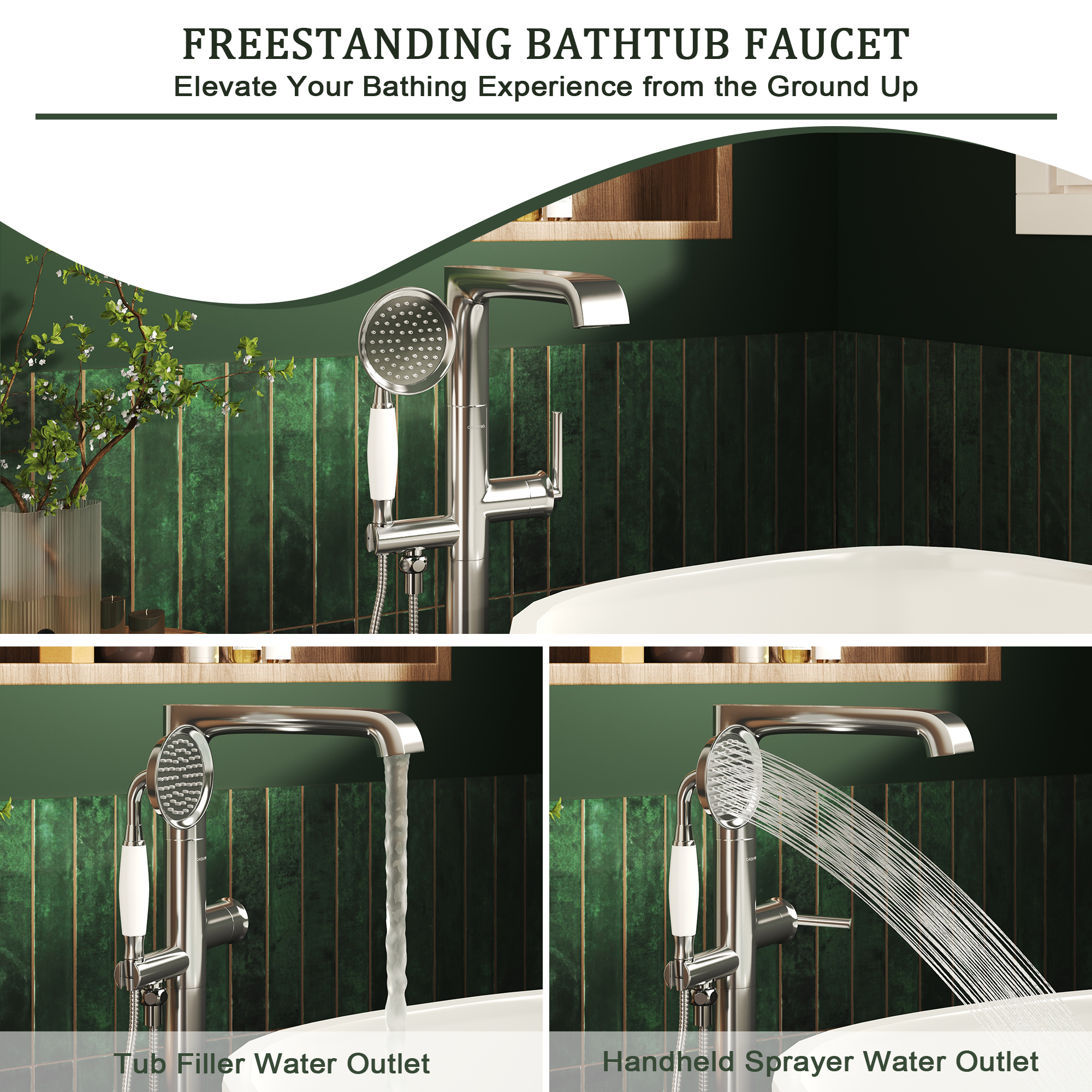 Polished Nickel Freestanding Floor Mount Bathtub Faucet with Hand Shower - HEXAGON