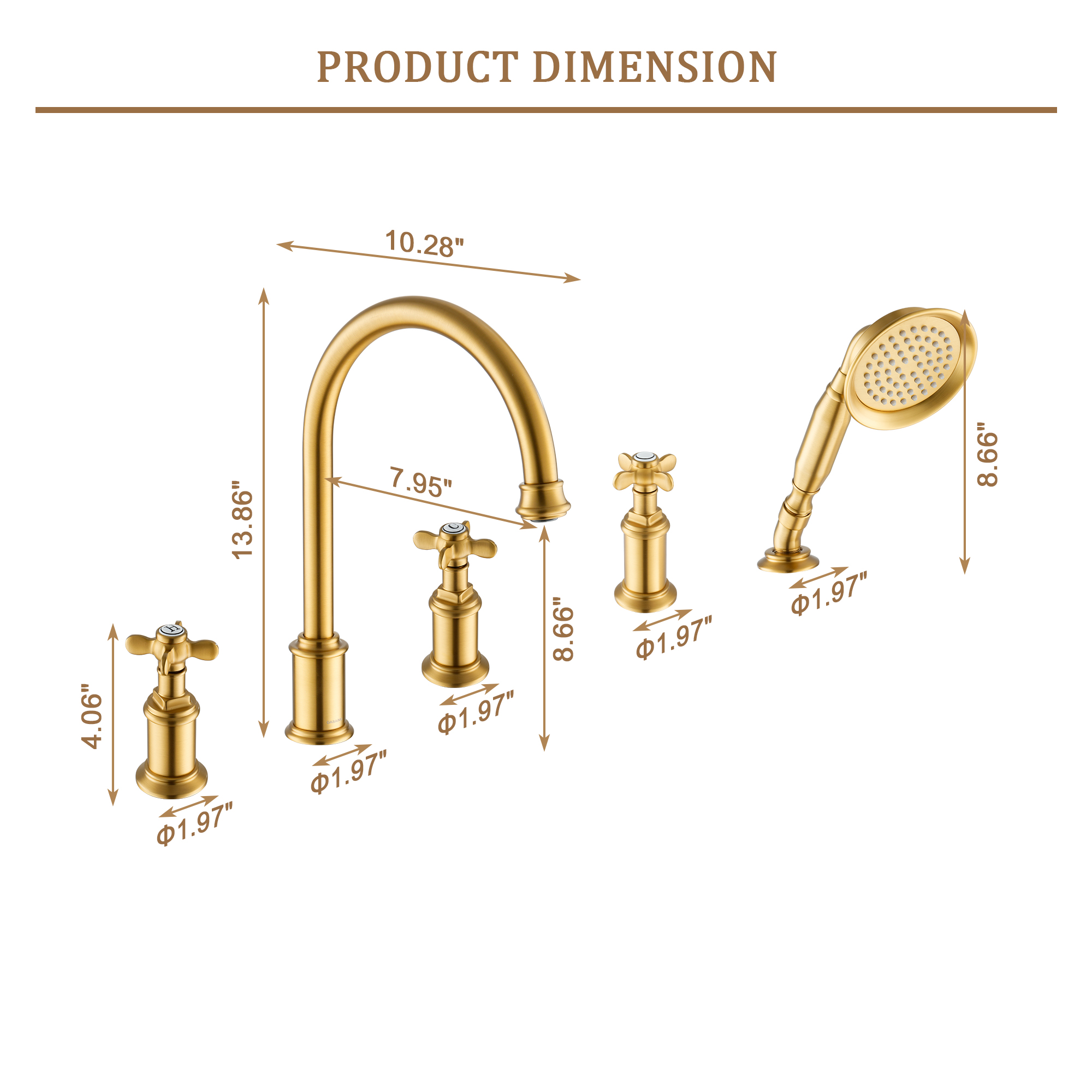 Brushed Gold 5-Hole Deck Roman Tub Faucet with Hand Shower - DANUBE