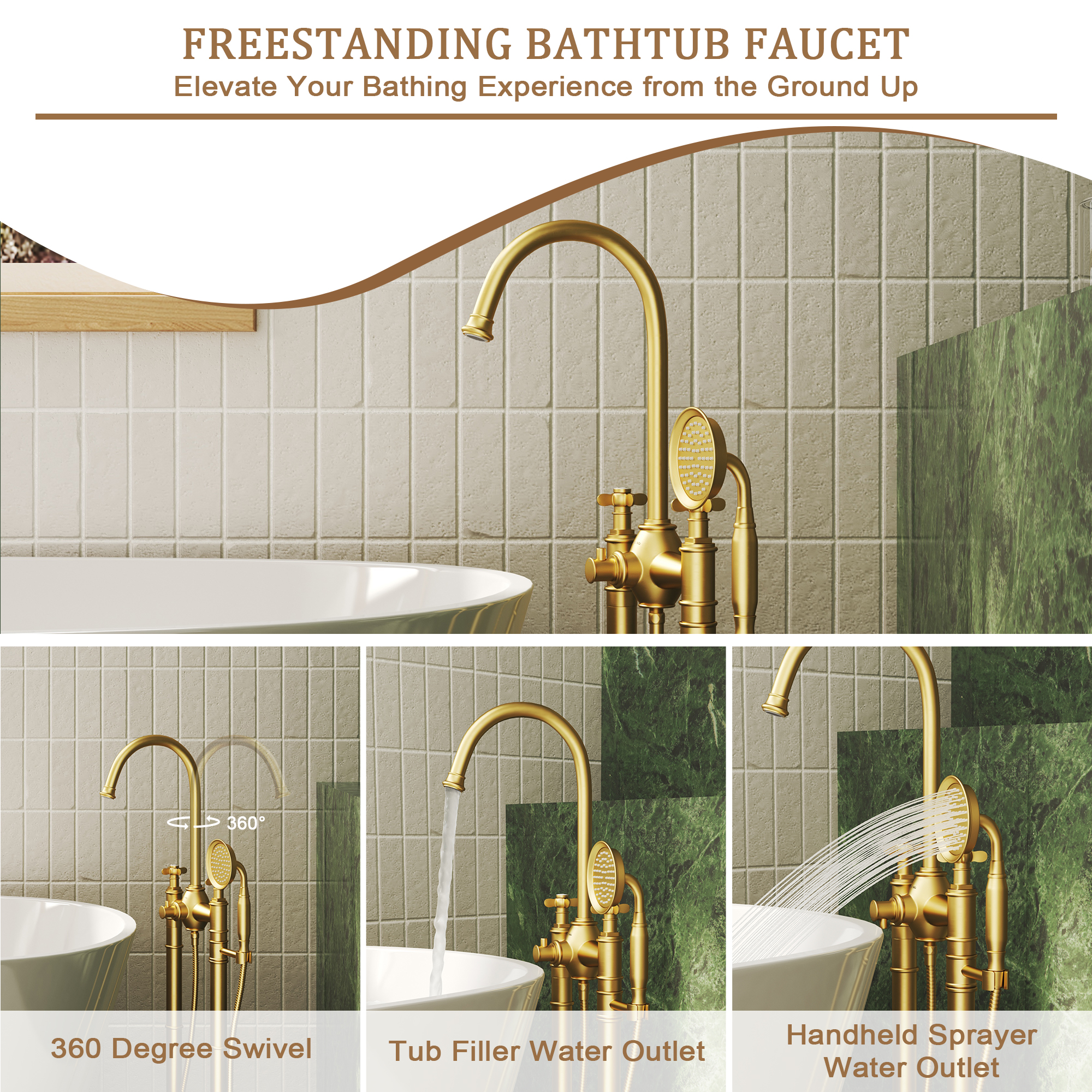 Brushed Gold Freestanding Bathtub Faucet with Hand Shower - DANUBE