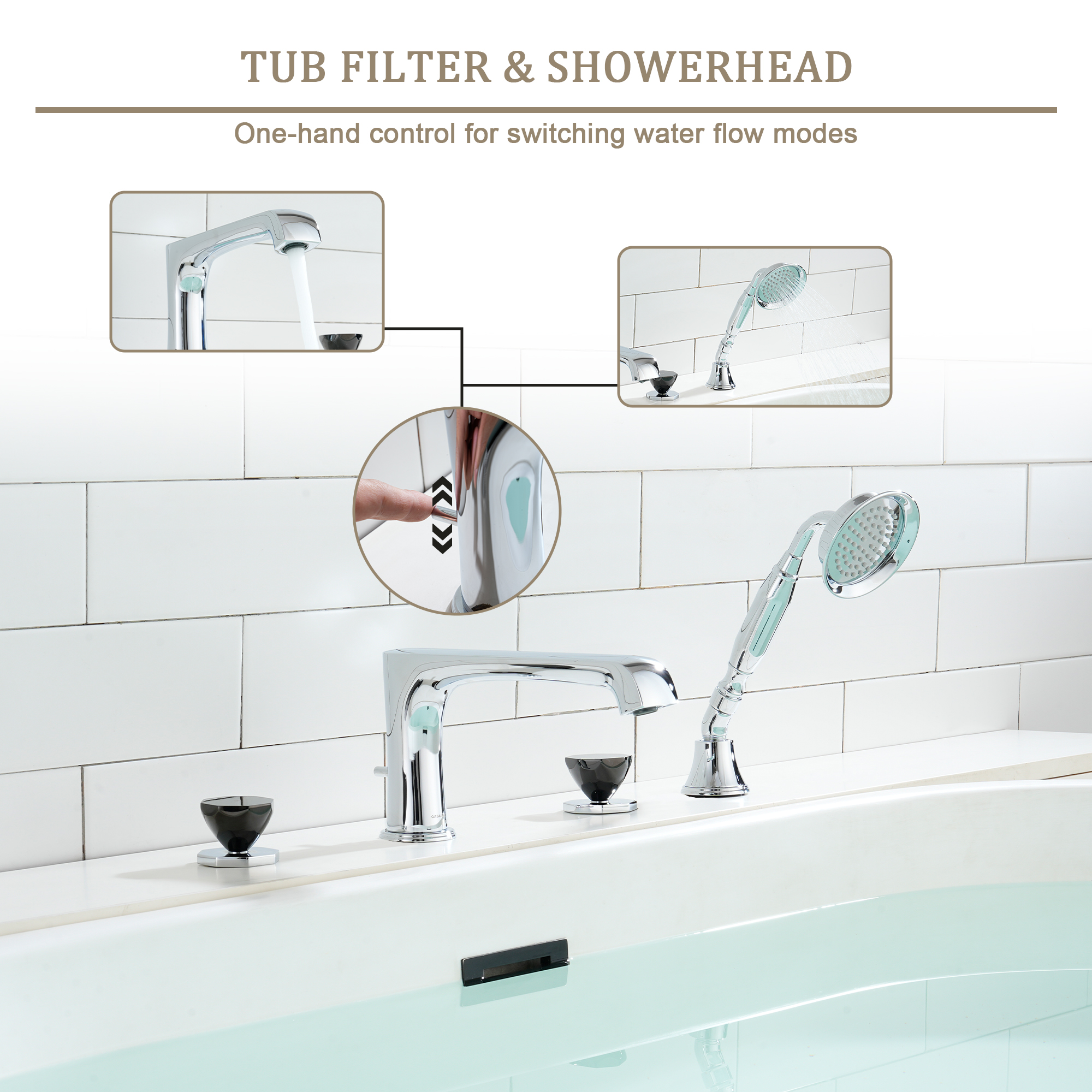 Chrome & Black PVD 4-Hole Roman Tub Faucet with Hand Shower - OCTAGON