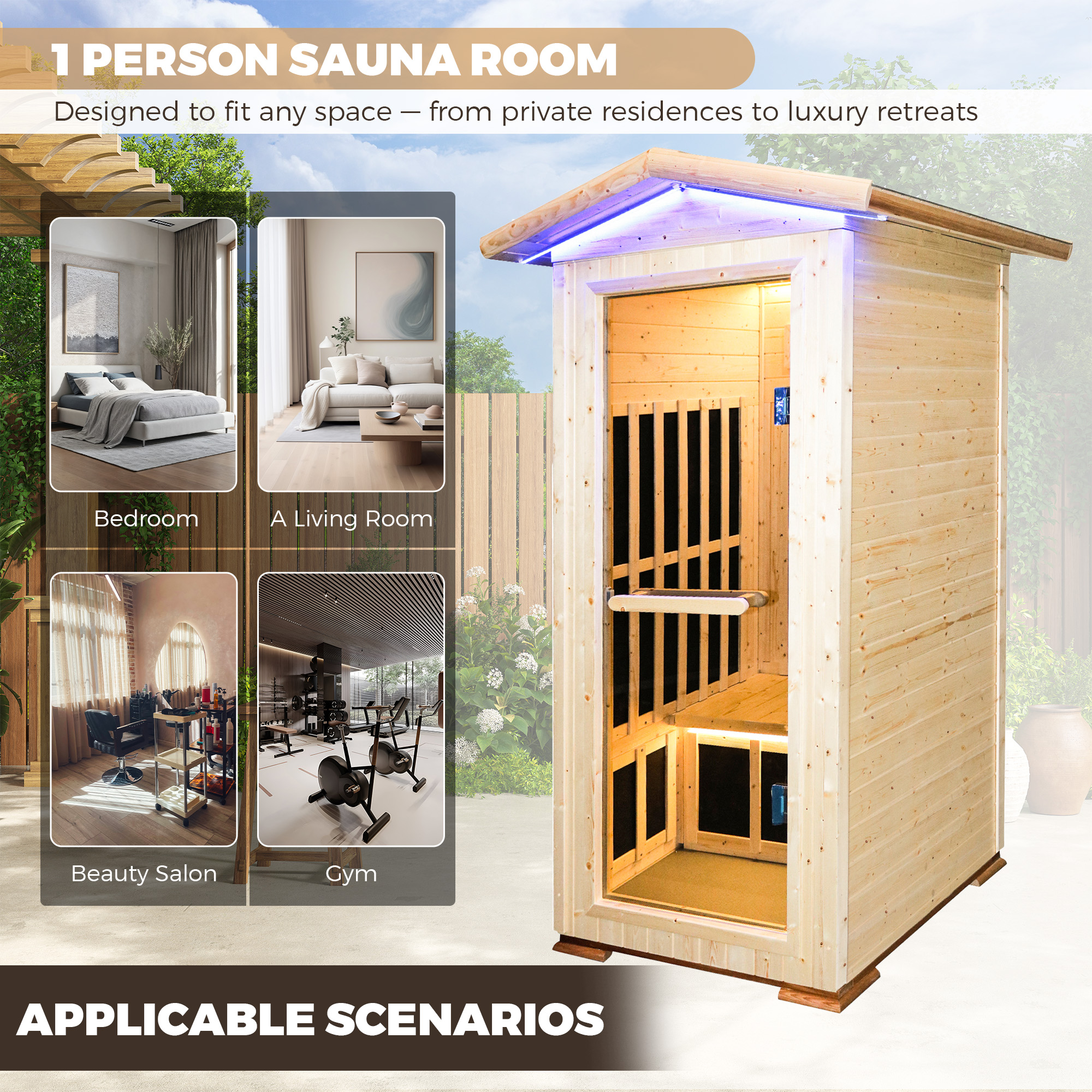 1-Person Spruce Outdoor Infrared Sauna with Bluetooth & Ambient Lighting