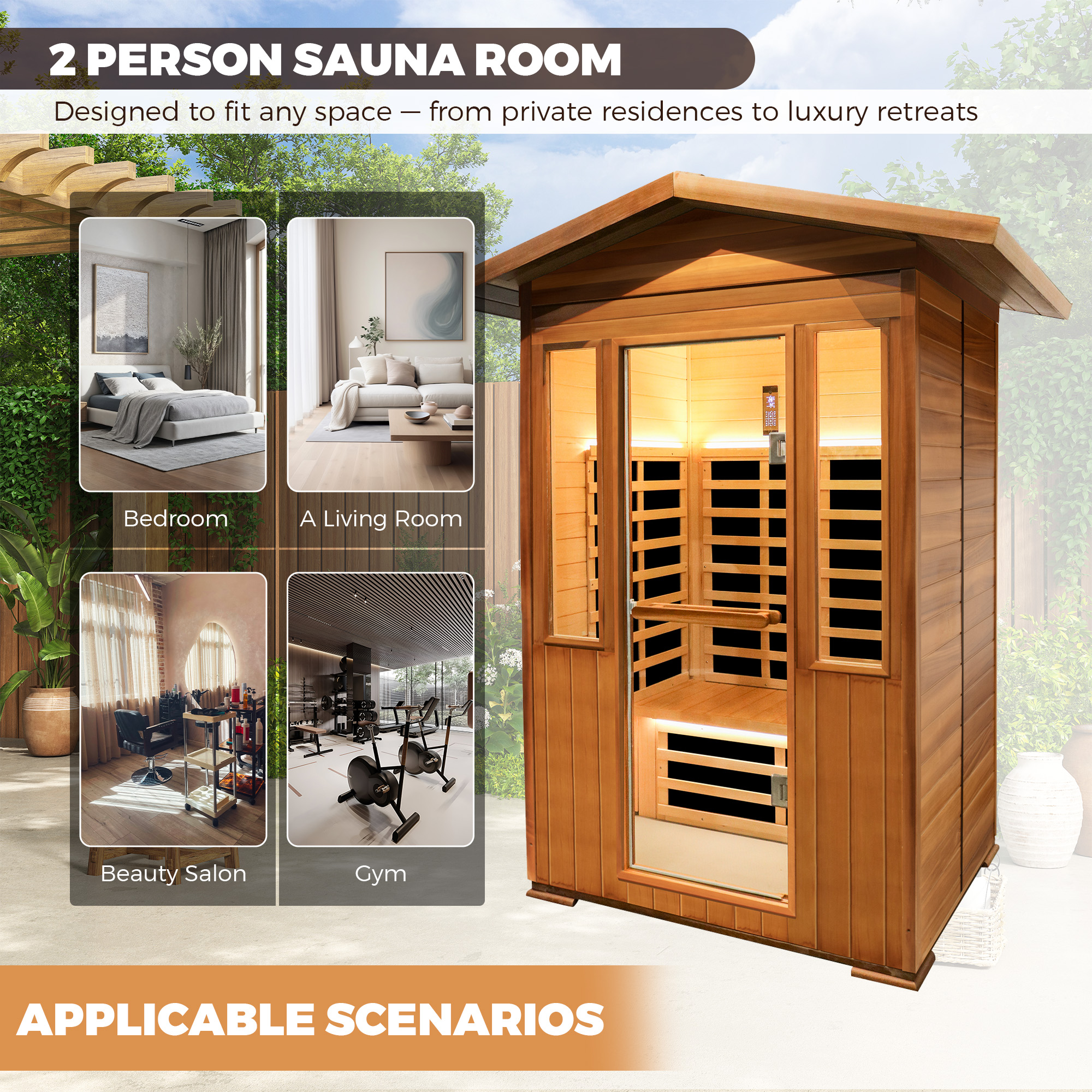 Peak Roof Outdoor Red Cedar Infrared Sauna with Bluetooth & Lighting