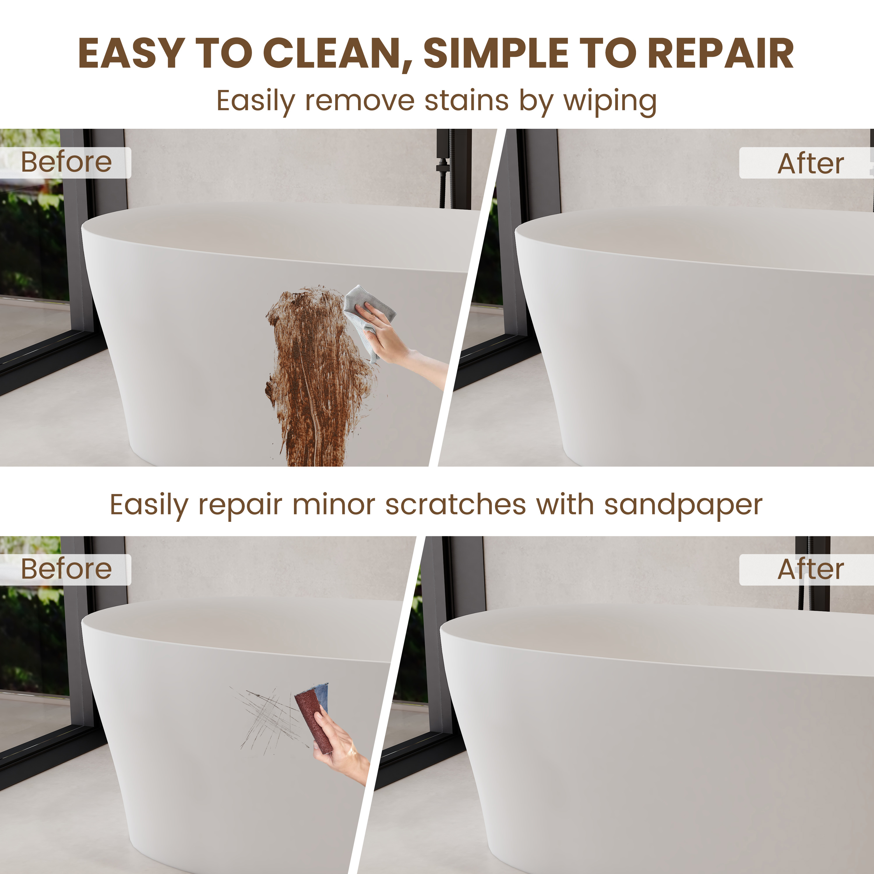 63" Solid Surface Freestanding Bathtub with Thickened Edge in Matte White - Monaco