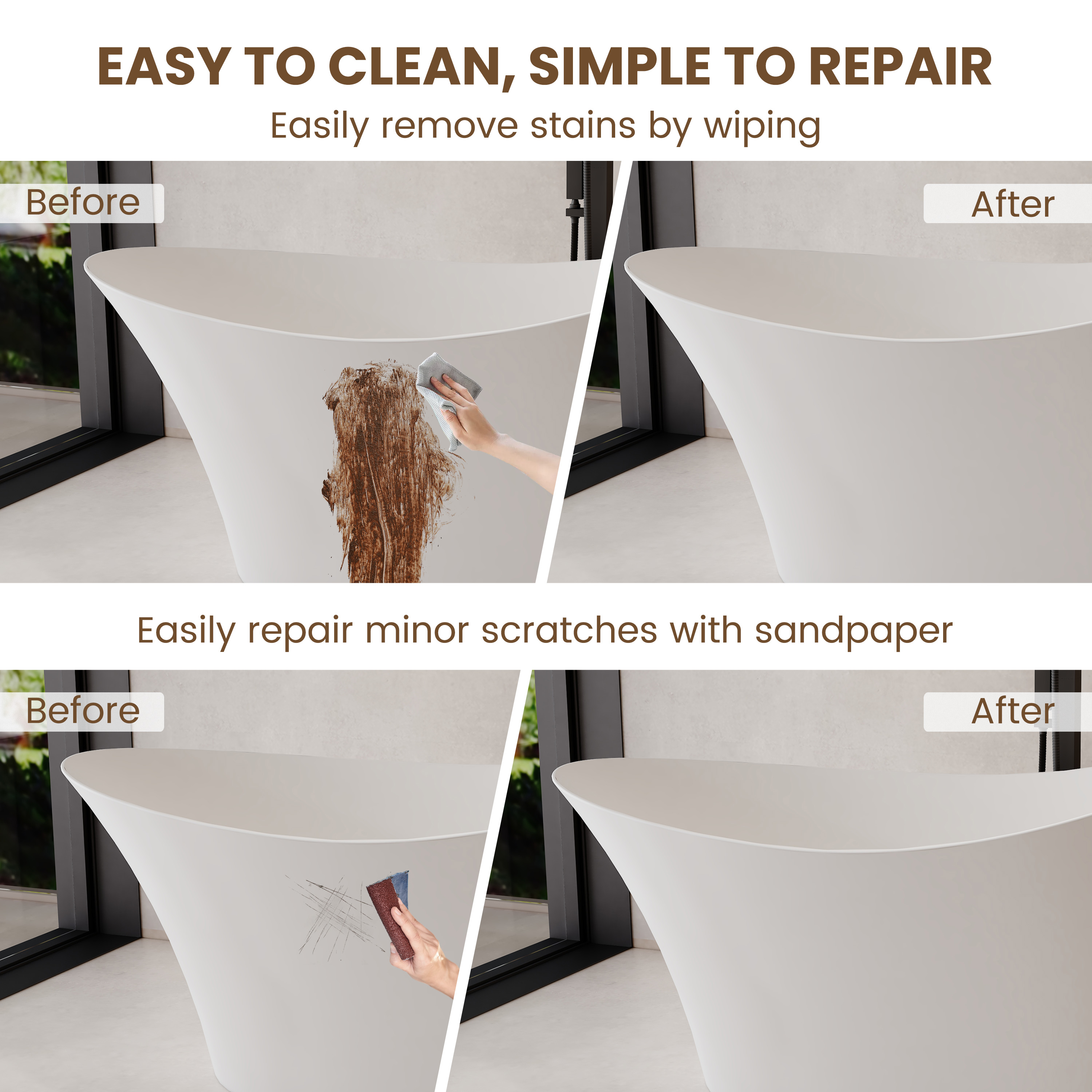 67" Solid Surface Freestanding Soaking Bathtub with Elegant Curved Design - Crestone