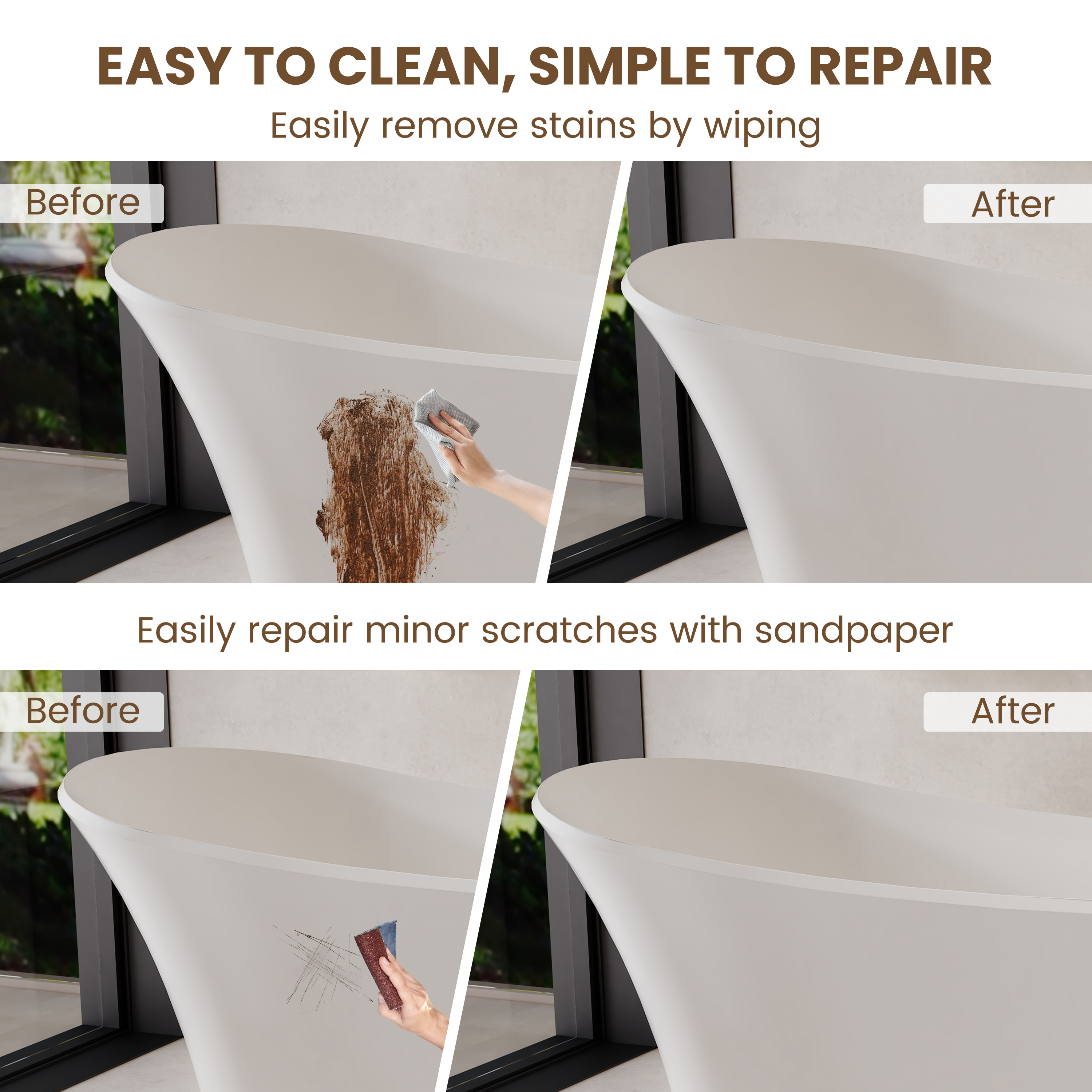 69" Freestanding Solid Surface Bathtub with Dual Sloped Headrests - Crescent