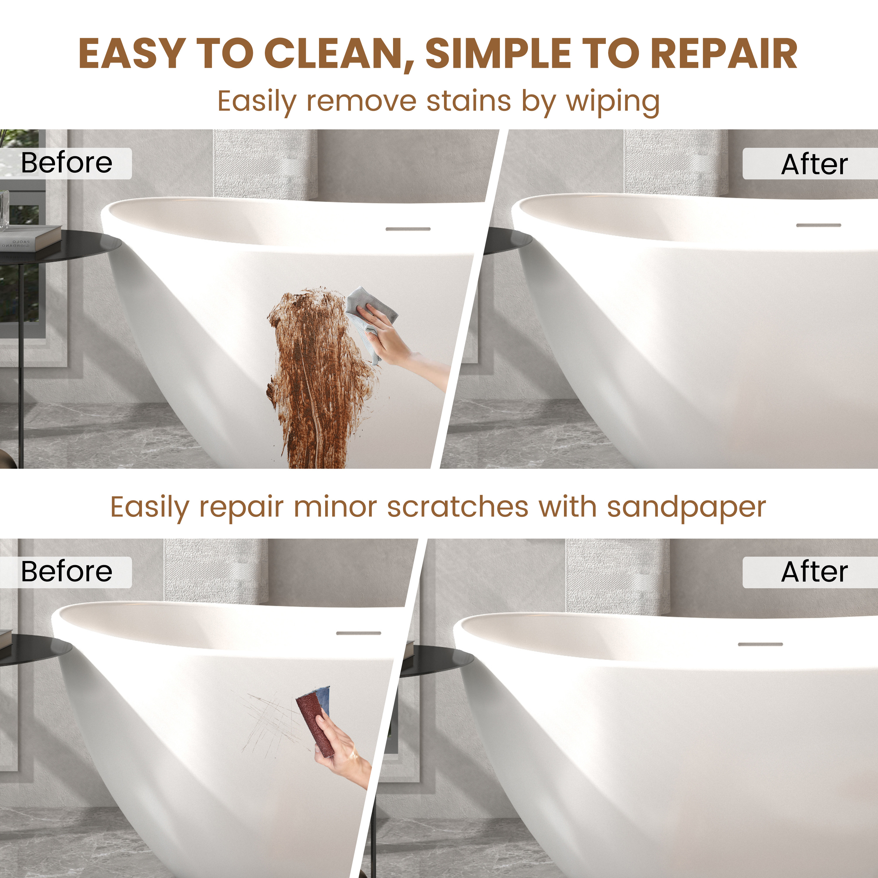 56"/65"/71" Matte White Solid Surface Stone Freestanding Tub with Classic Arc Shape - Crescent