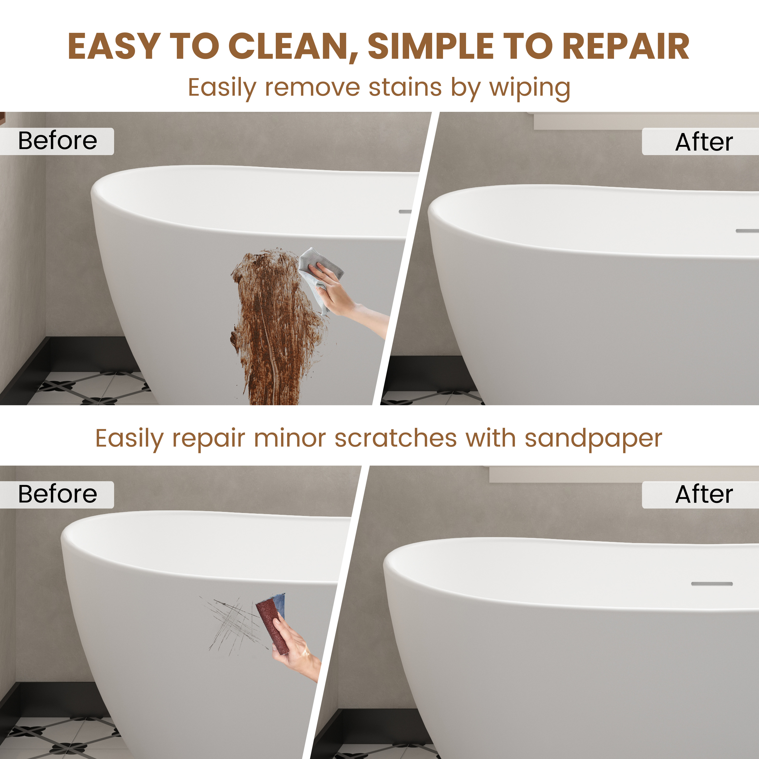 56"/65"/71" Matte White Solid Surface Stone Freestanding Tub with Classic Arc Shape - Crescent