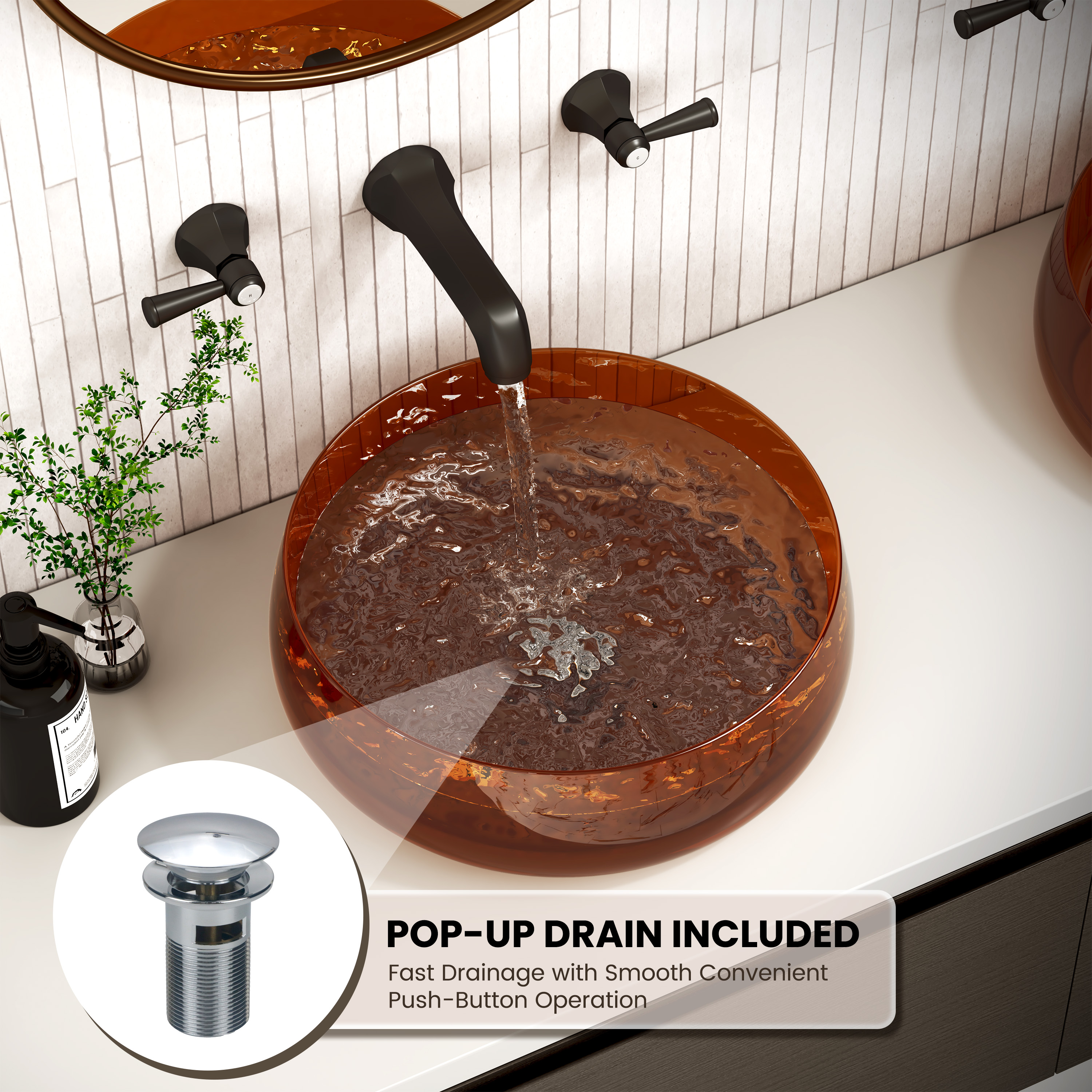 17.7" Round Transparent Resin Bathroom Vessel Sink with Drainer