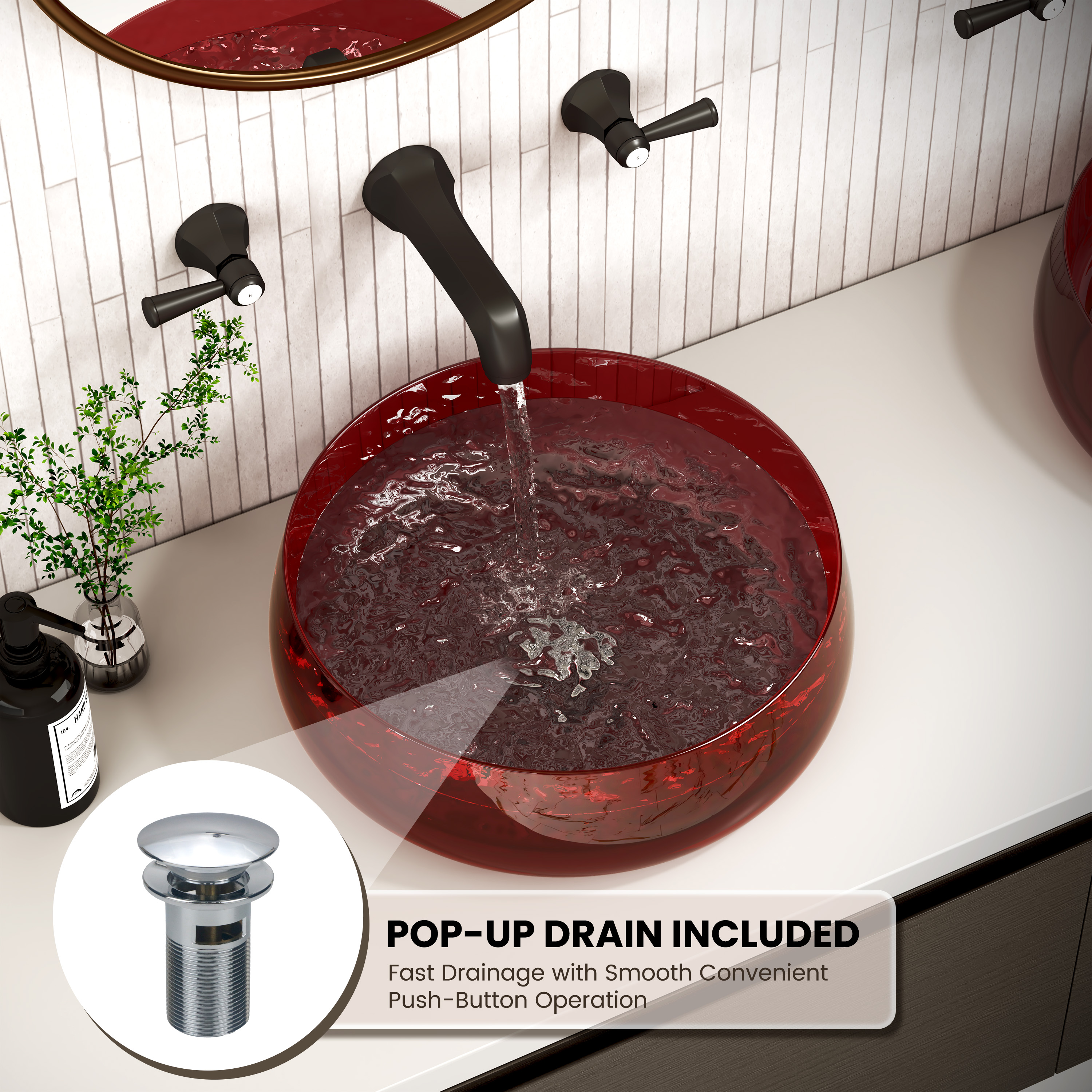 17.7" Round Transparent Resin Bathroom Vessel Sink with Drainer