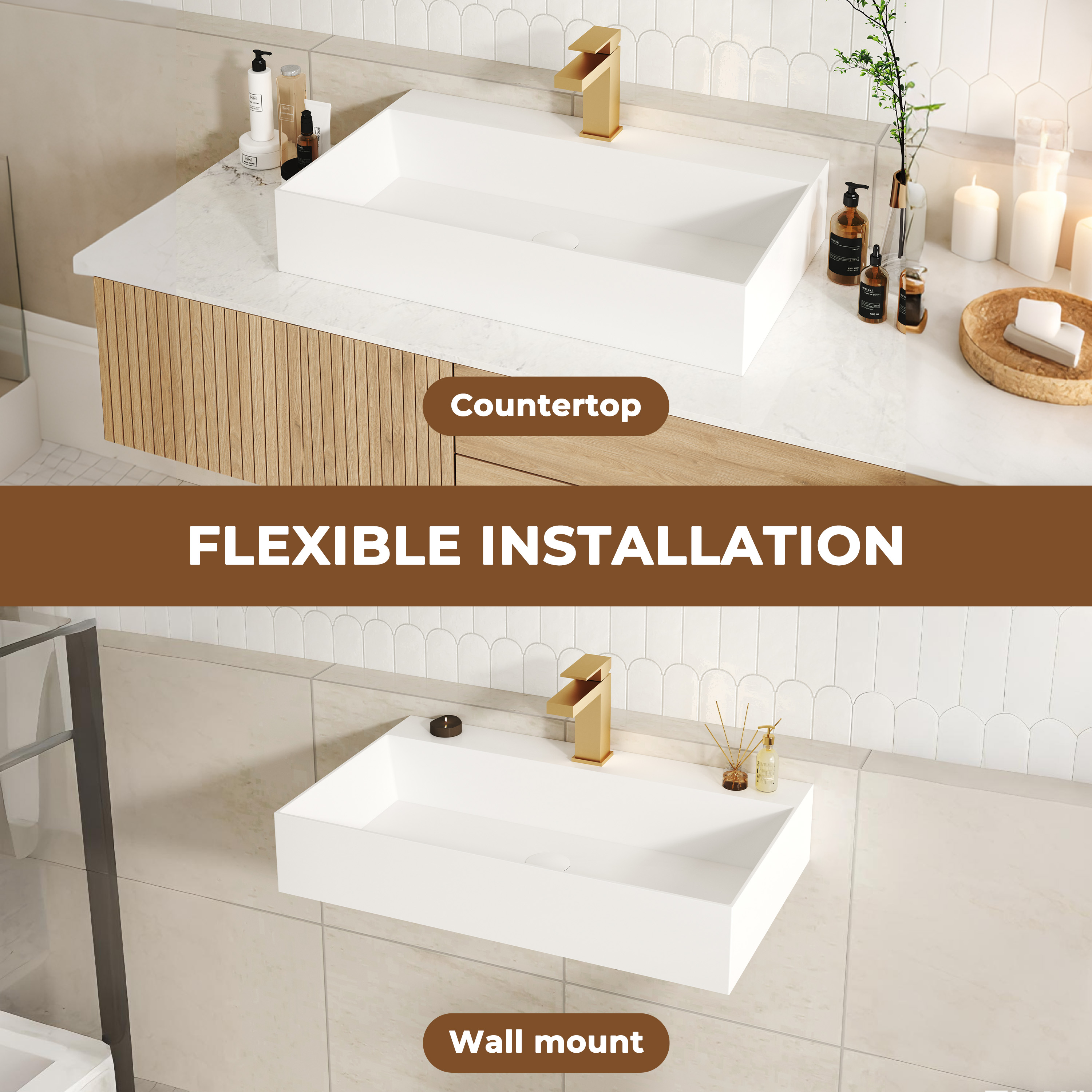 30"/42" Solid Surface Sink Wall Mount Stone Resin Bathroom Sink