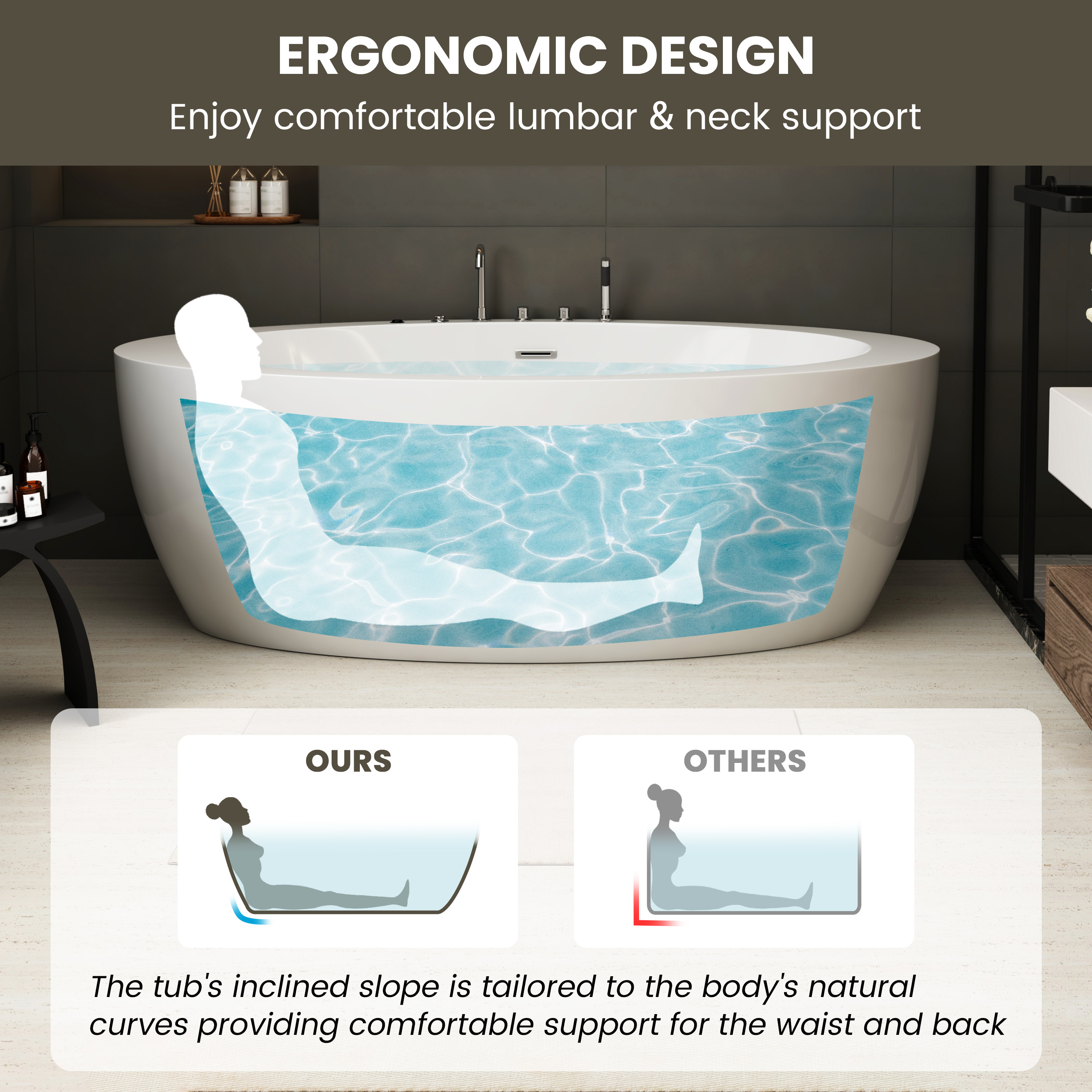 71" Minimalist Massage Freestanding Bathtub with LED Mood Light & Ergonomic Deep Soak