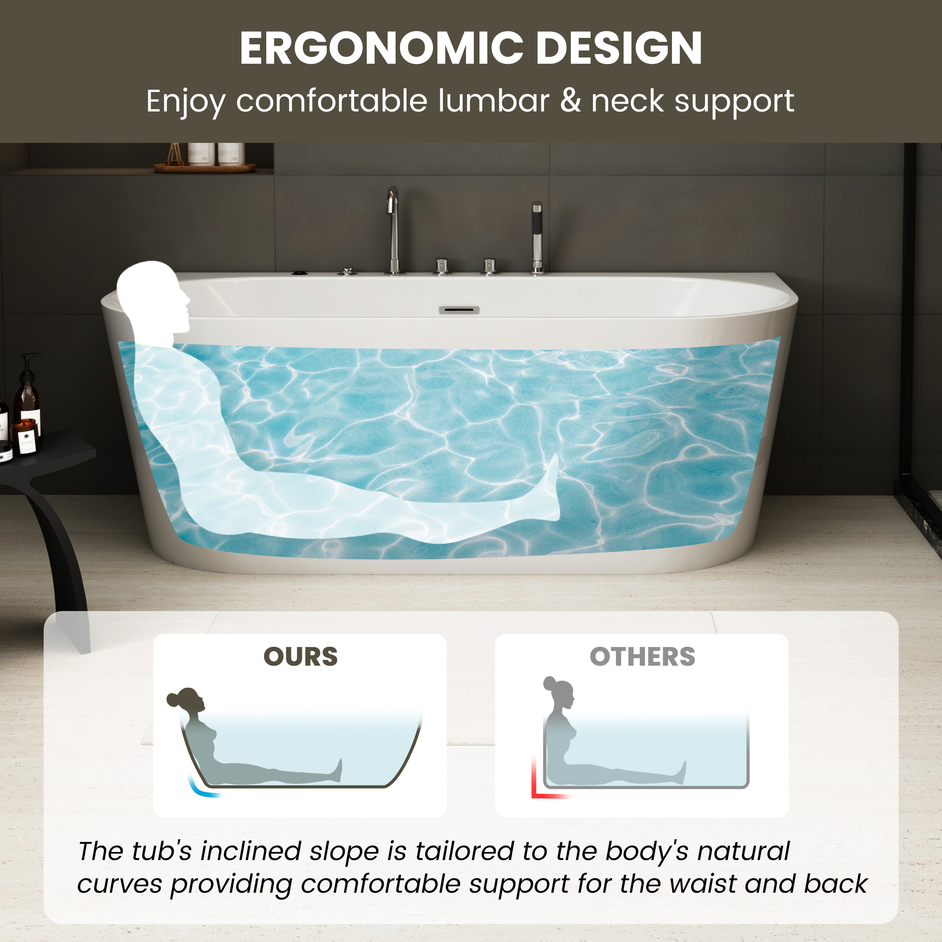 63" Acrylic Freestanding Whirlpool Bathtub with 6 Jets and 7-Color LED Light