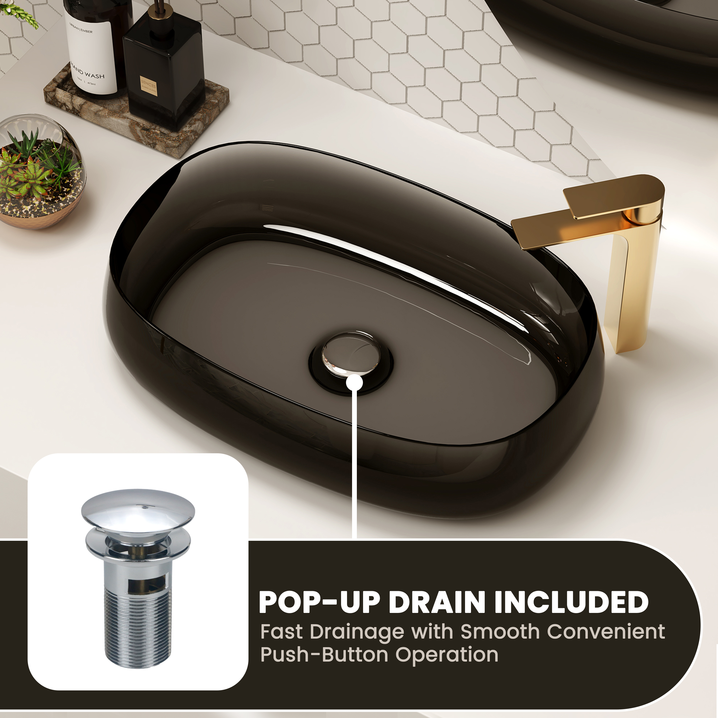 23" Oval Transparent Resin Bathroom Vessel Sink with Drainer