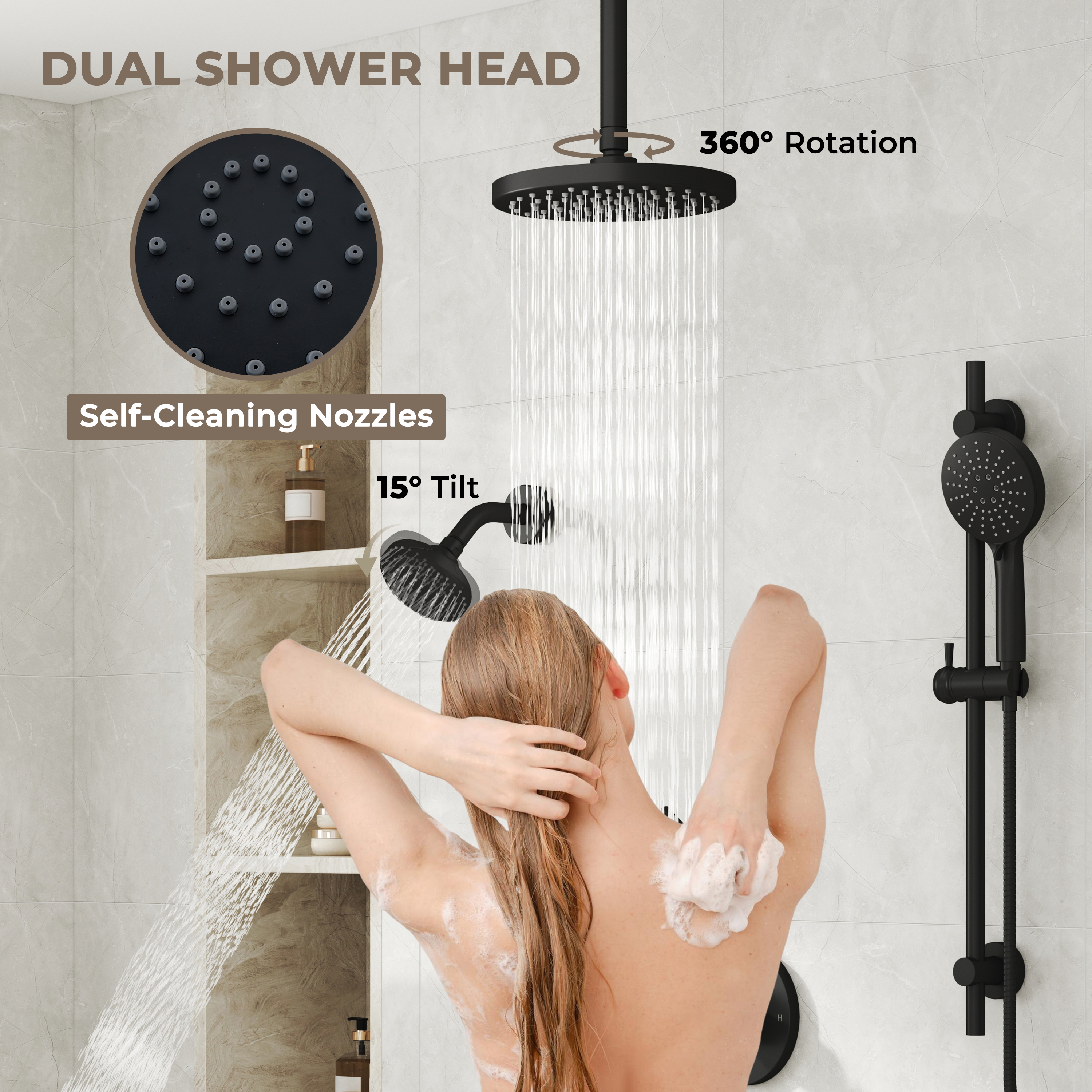 8-inch 3-Function Dual Shower Head System with 6 Spray Modes and Slide Bar