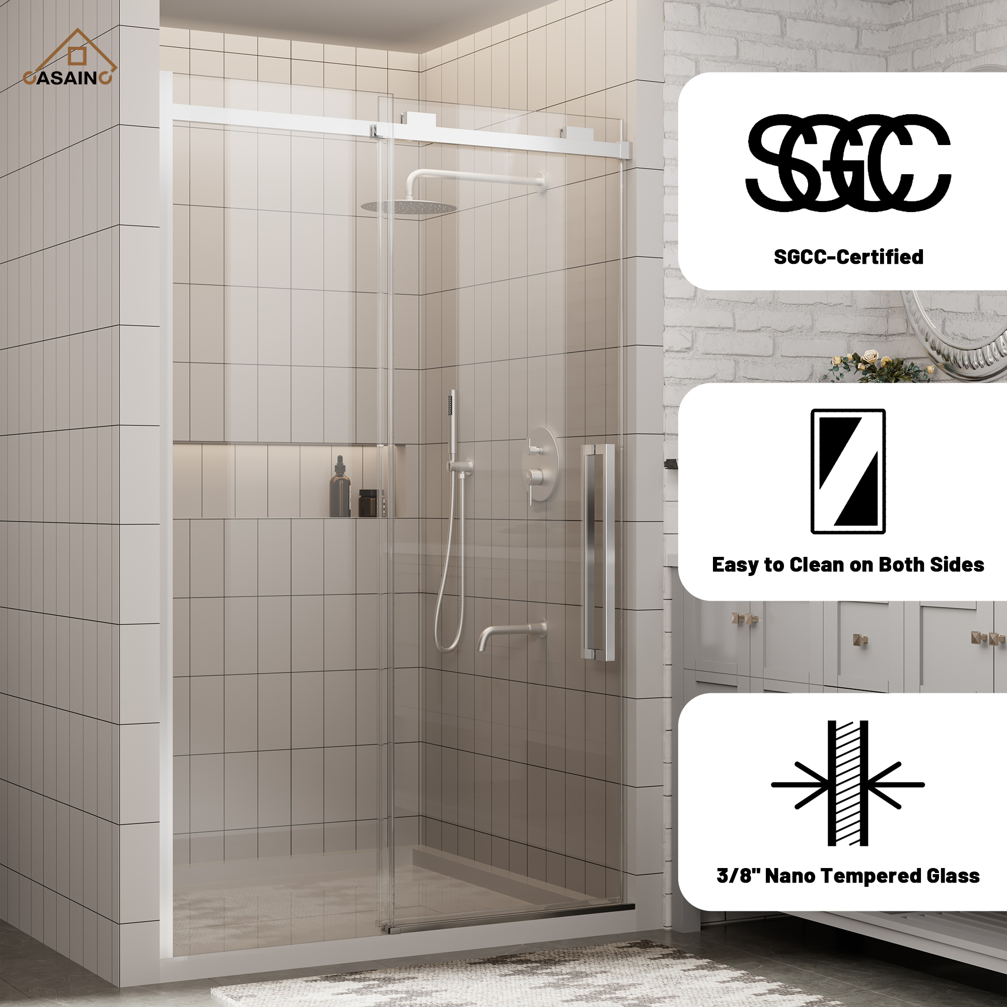 48"x76" Frameless Shower Door with Cushioned Single Slide in Brushed Nickel/Chromed/Matte Black/Brushed Gold, 0.39 inch SGCC-certified Tempered Shower Glass