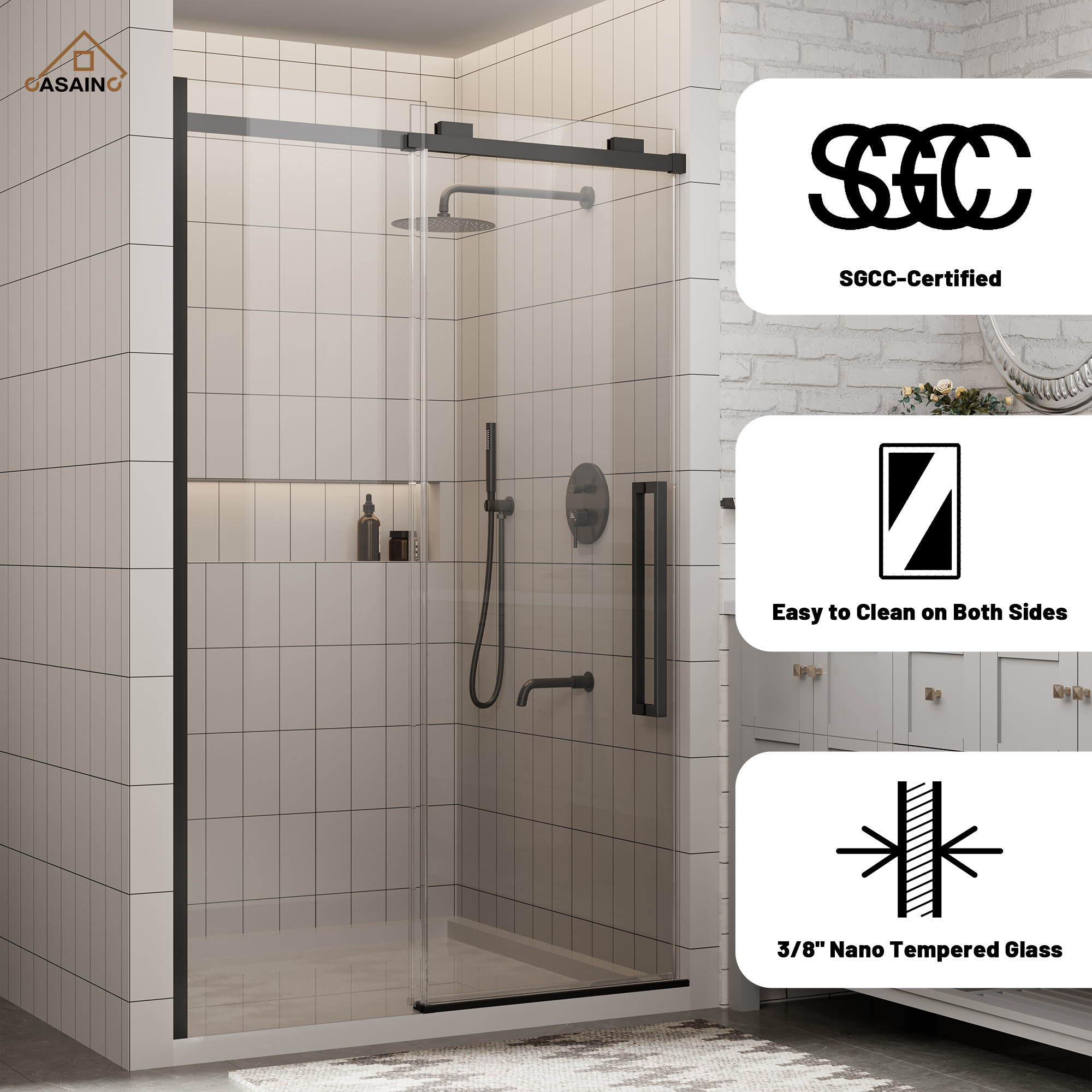 48"x76" Frameless Shower Door with Cushioned Single Slide in Brushed Nickel/Chromed/Matte Black/Brushed Gold, 0.39 inch SGCC-certified Tempered Shower Glass