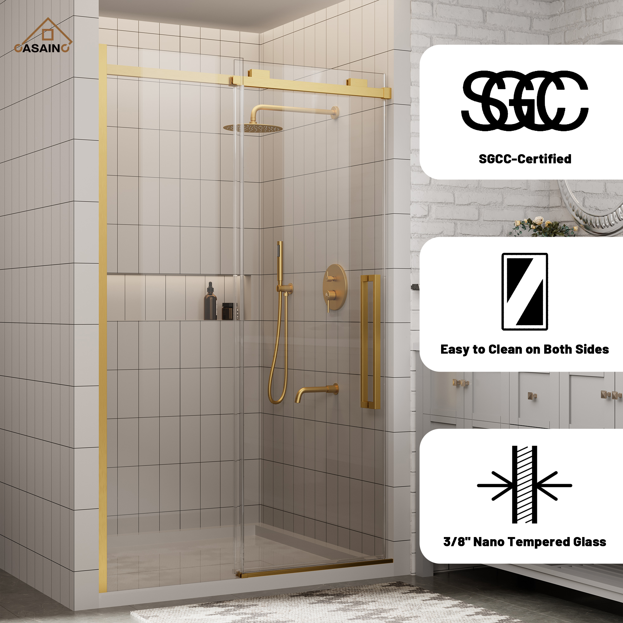 48"x76" Frameless Shower Door with Cushioned Single Slide in Brushed Nickel/Chromed/Matte Black/Brushed Gold, 0.39 inch SGCC-certified Tempered Shower Glass