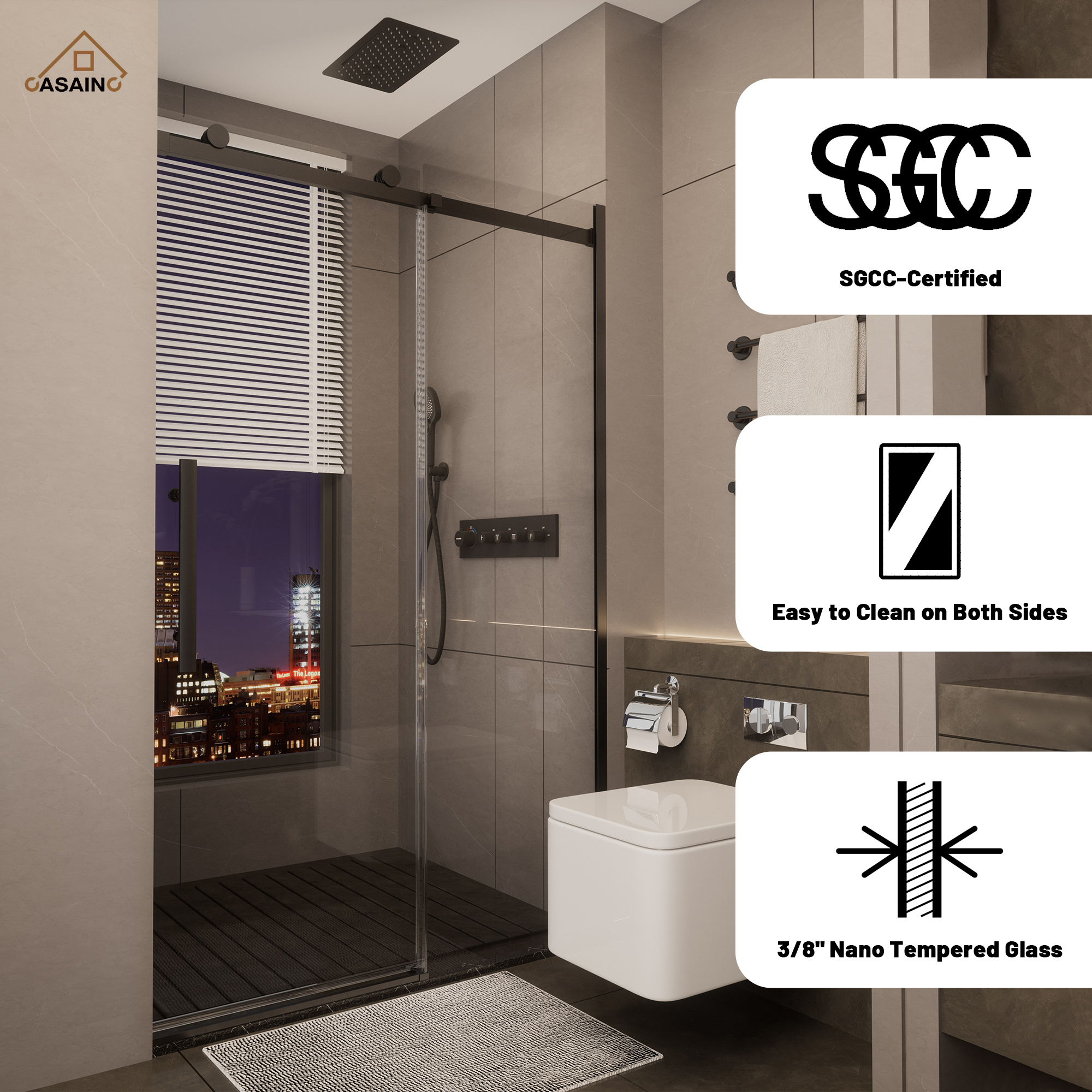 48"x76" Frameless Shower Door with Cushioned Single Slide, SGCC-Certified Tempered Shower Glass Door in Matte Black/Chrome/Brushed Nickel/Brushed Gold
