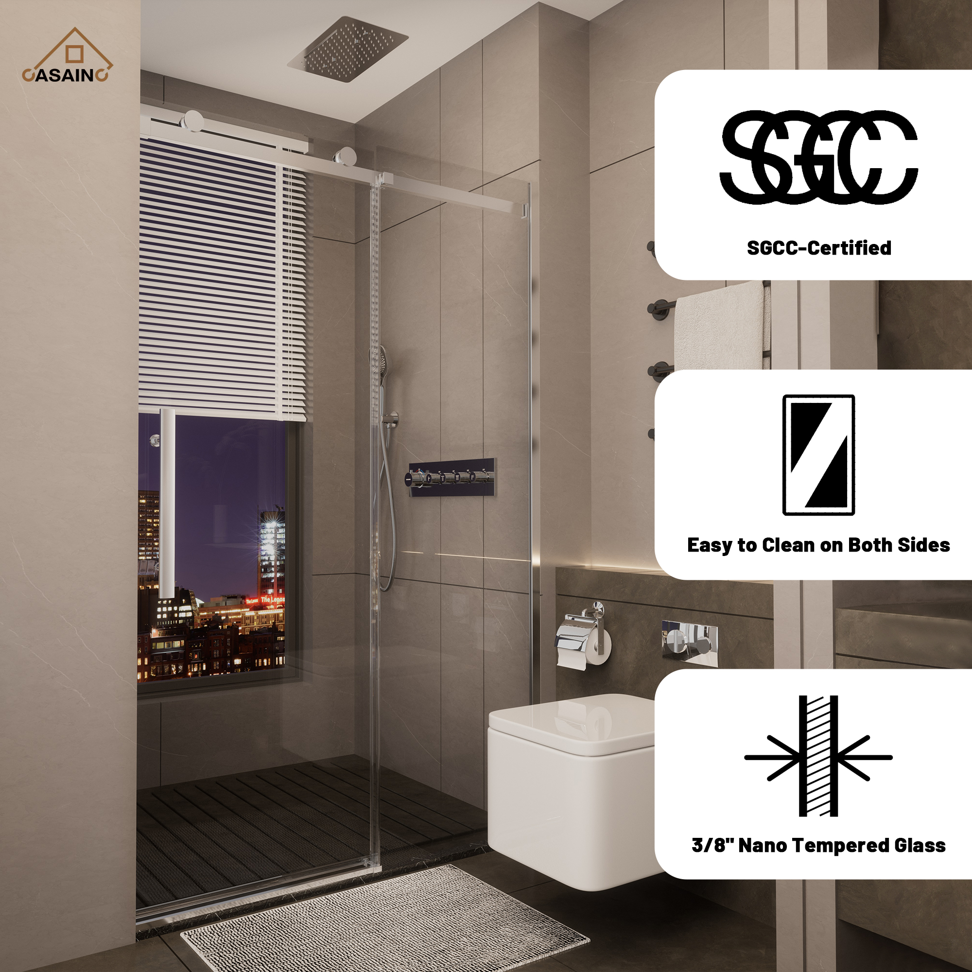 48"x76" Frameless Shower Door with Cushioned Single Slide, SGCC-Certified Tempered Shower Glass Door in Matte Black/Chrome/Brushed Nickel/Brushed Gold
